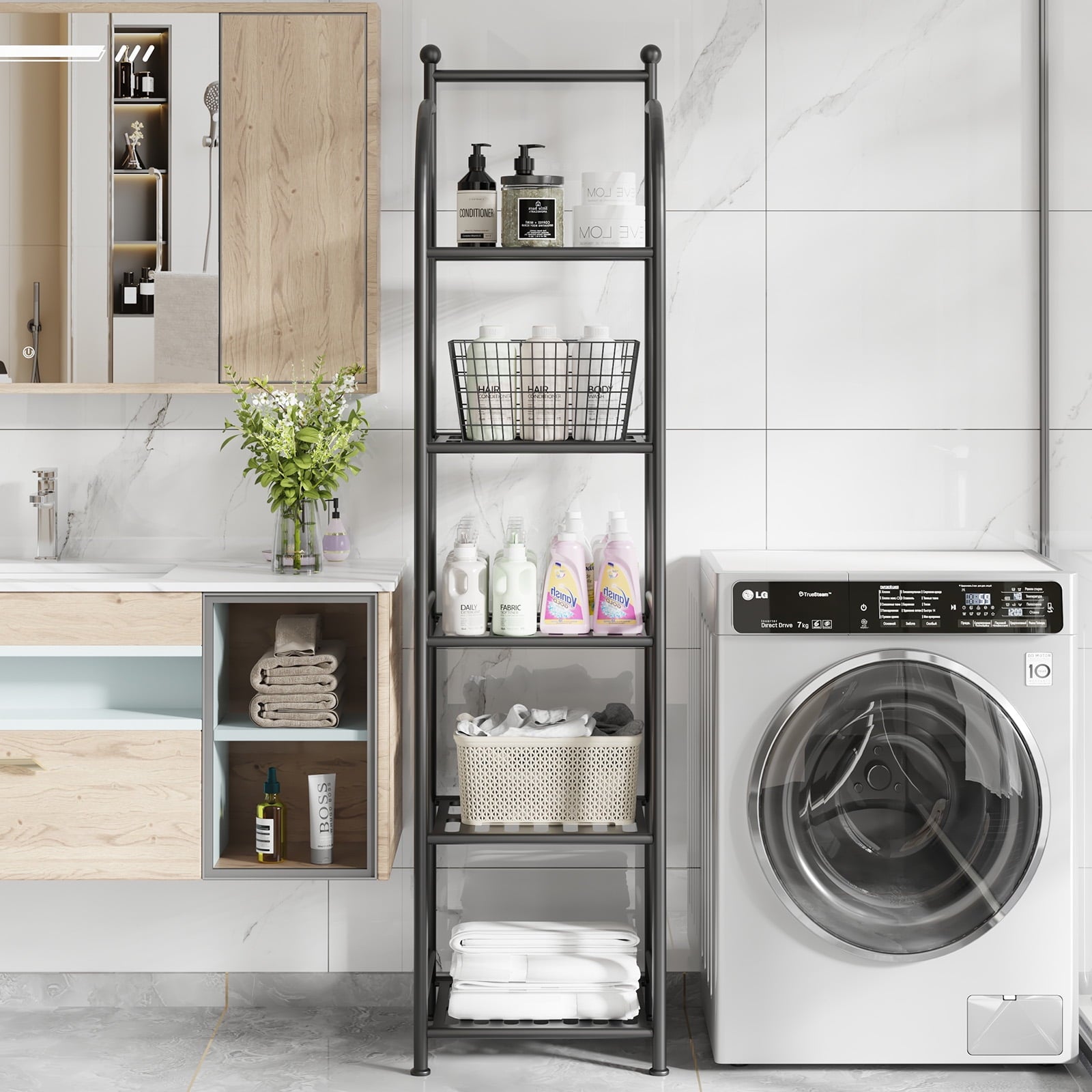 SUGIFT 5 Shelf Bathroom Storage Shelf Unit Shower Shelves for Storage and Towel Display, Black