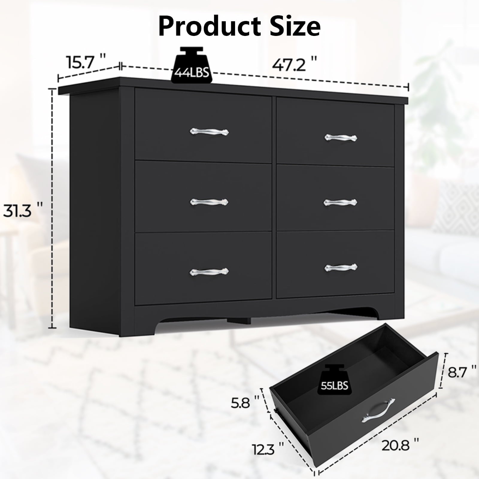 SUGIFT 6 Drawers Dresser for Bedroom, Wood Chest of Drawers, Black Finish