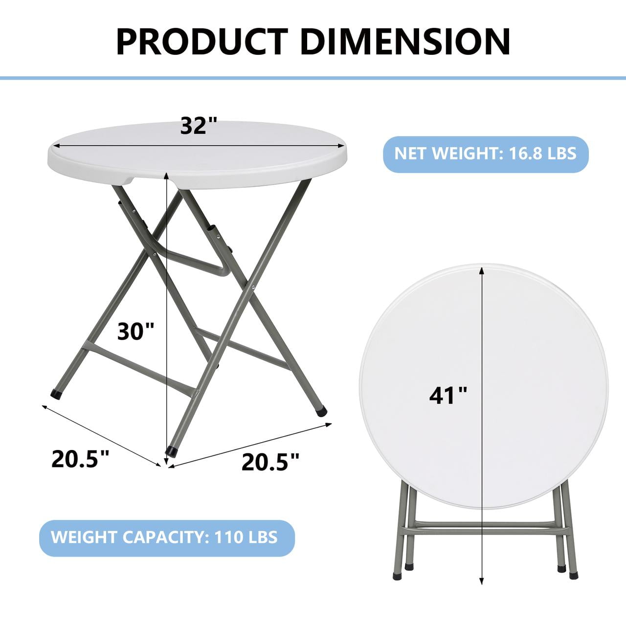 TBKLEY 32in  Round Folding Table Portable Indoor Outdoor Plastic Dining Table, White