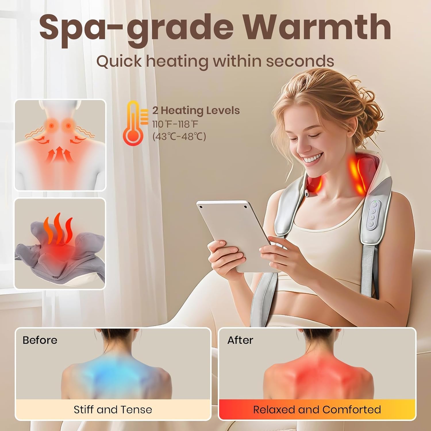 SUGIFT Cordless Neck Massager with Heat - Shiatsu Neck and Back Massager for Pain Relief Deep Tissue