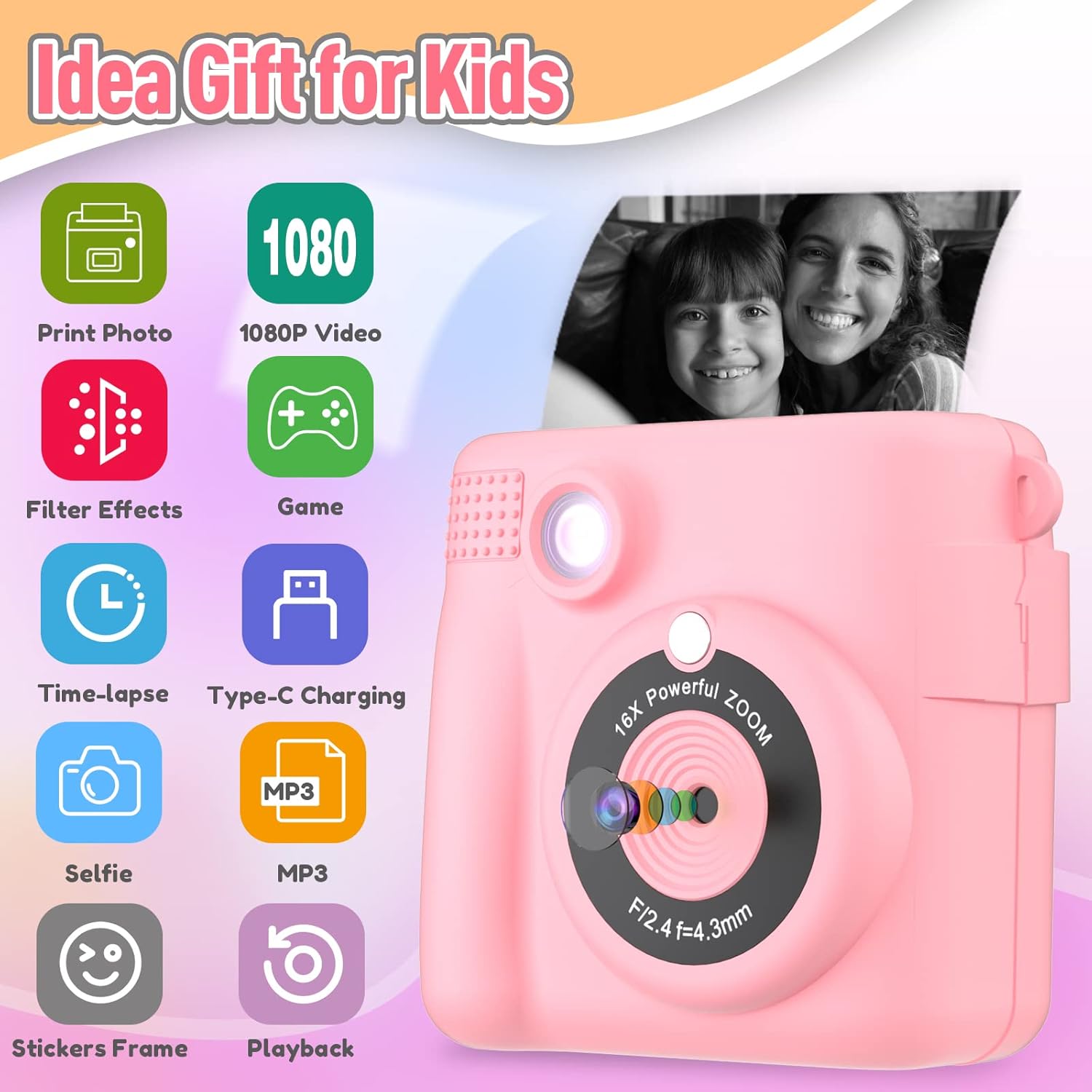 SUGIFT Kids Camera Instant Print, Christmas Birthday Gifts for Kids Age 3-12, Selfie Digital Camera with 1080P Videos,Toddler Portable Travel Camera Toy