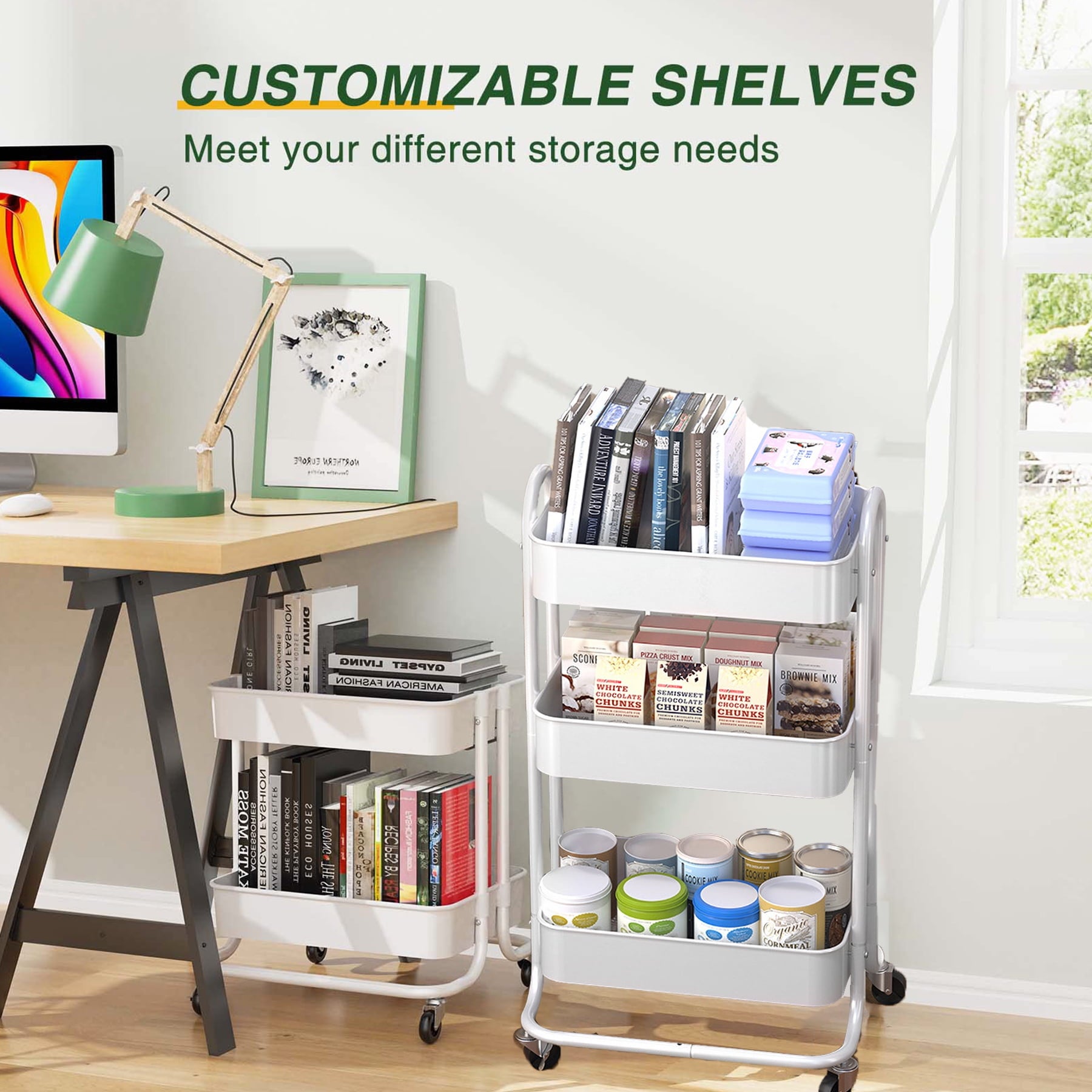SUGIFT 3 Tier Kitchen Utility Cart with Handle and Lockable Wheels, White
