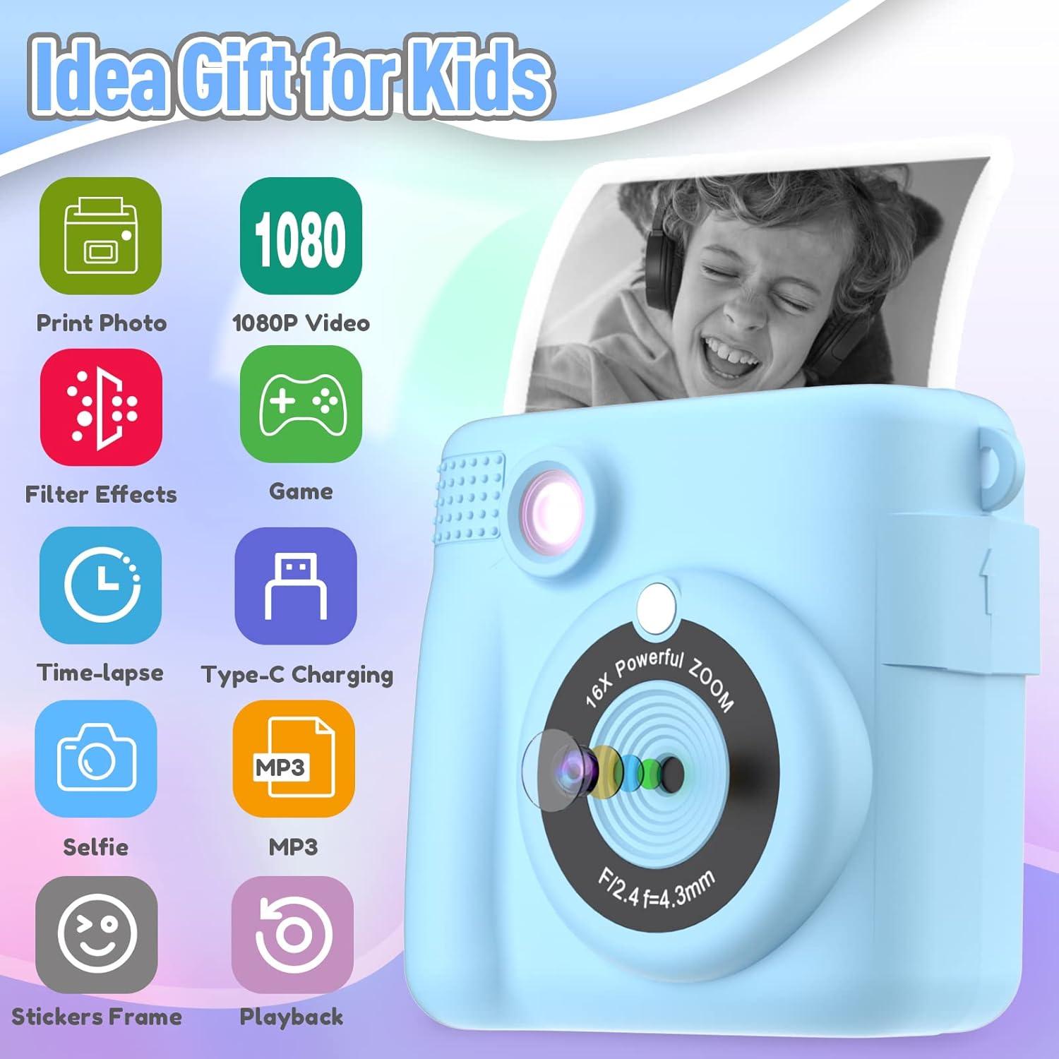 SUGIFT Kids Camera Instant Print, Christmas Birthday Gifts for Kids Age 3-12, Selfie Digital Camera with 1080P Videos,Toddler Portable Travel Camera Toy