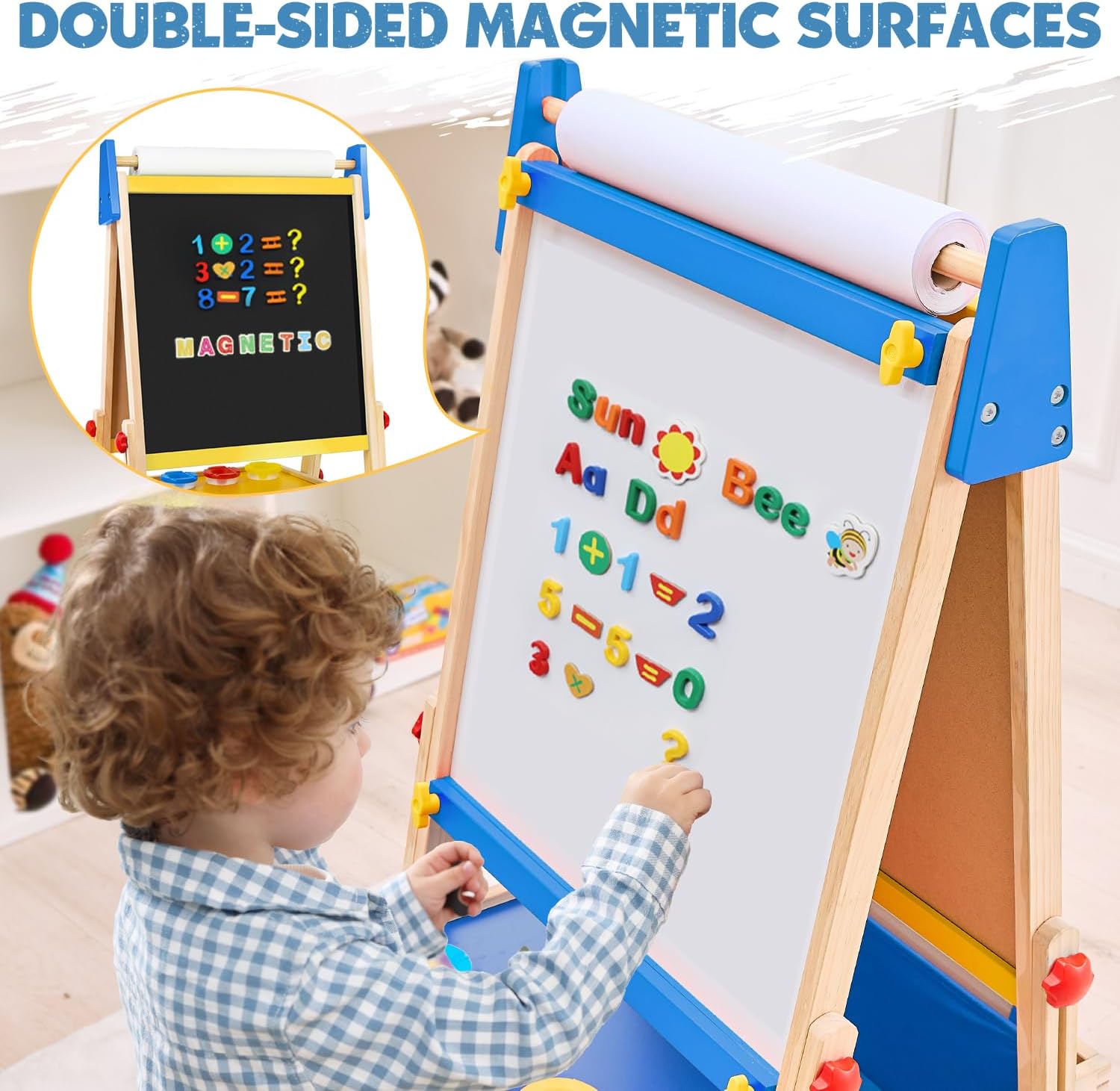 SUGIFT Art Easel for Toddlers Kids, Adjustable Standing Art Easel with Magnetic Chalkboard & Whiteboard