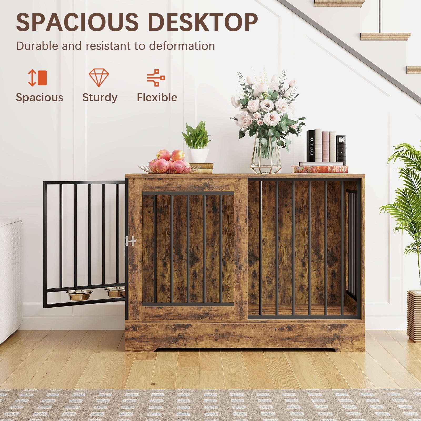 SUGIFT 47in Wooden Dog Crate Furniture with Double Doors, Rustic Brown Indoor Dog Kennel End Table for Large Dogs