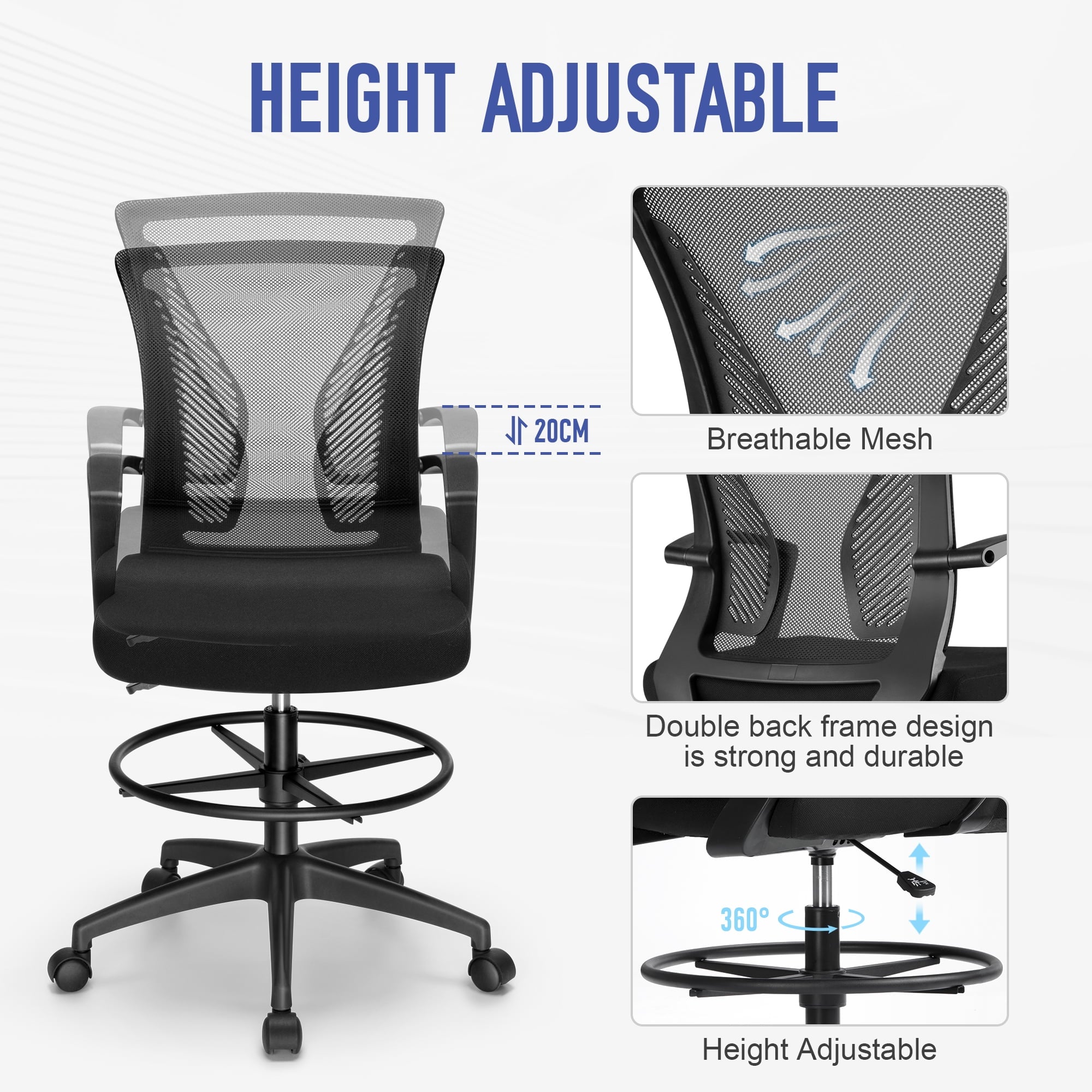 SUGIFT Drafting Chair Tall Office Chair with Lumbar Support and Adjustable Footrest Ring, Black