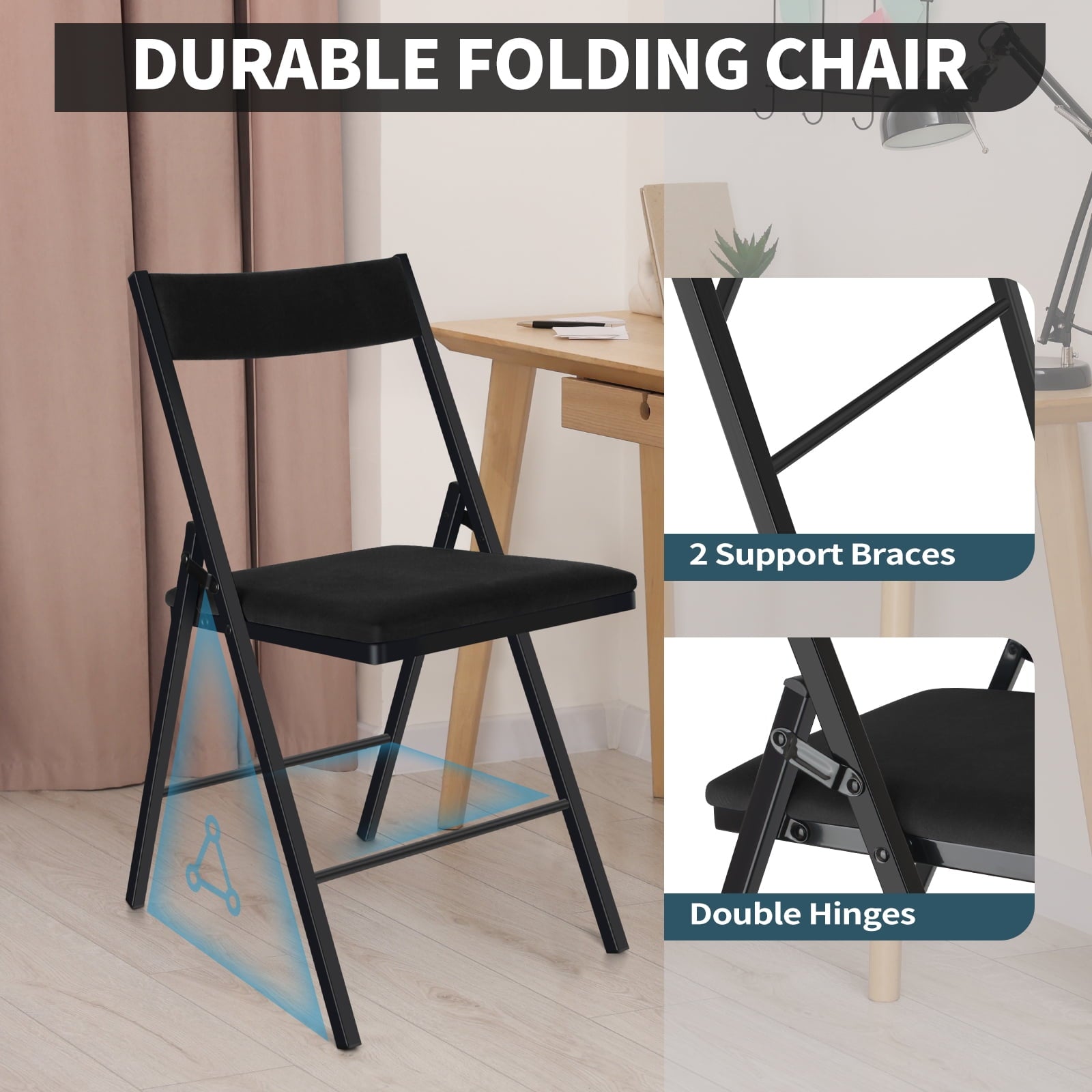 SUGIFT 4 Packs Folding Chairs with Padded Seats,Metal Frame with Velvet Fabric Seat for Indoor Outdoor (Black)