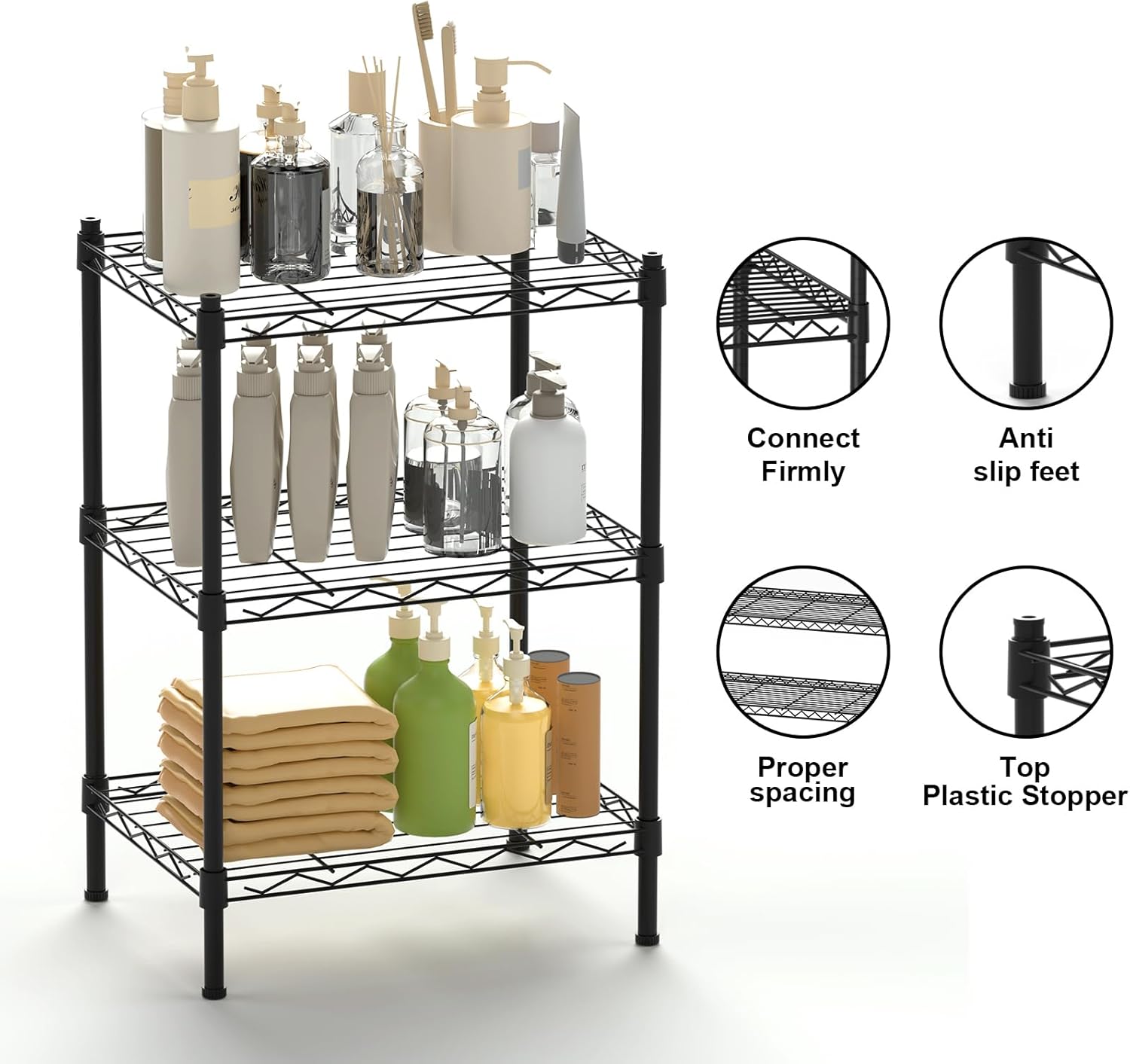 SUGIFT 3-Tier Strong Storage Shelving Unit Kitchen Metal Wire Shelving Organizer Unit with Anti-Sleep Feet Indoor Bathroom Black