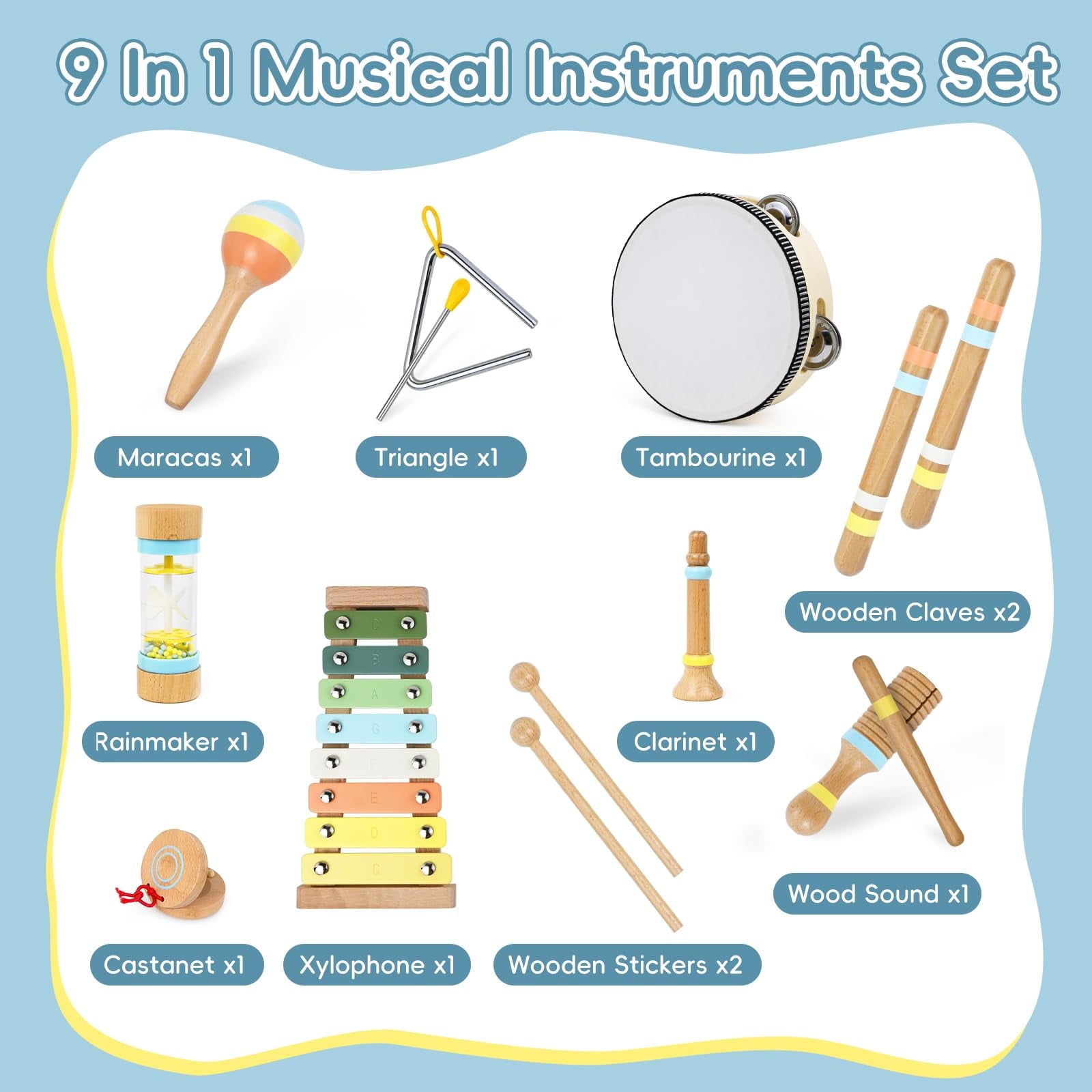 SUGIFT 9pcs Toddlers Musical Instruments, Montessori Wooden Musical Toys, Kids Percussion Instruments