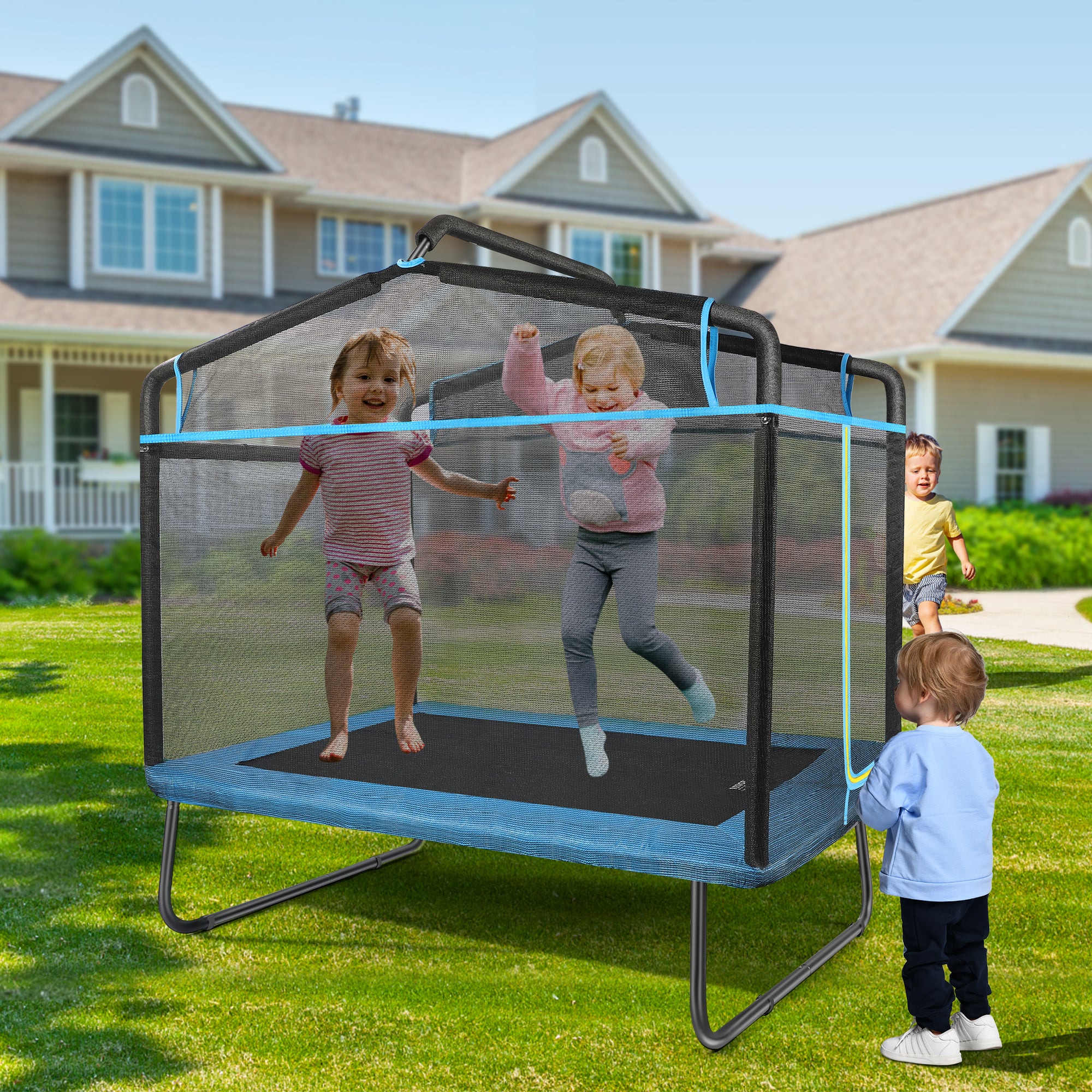 SUGIFT 12ft Trampoline with Safe Enclosure Net 680 lbs Outdoor Fitness Trampoline, Blue