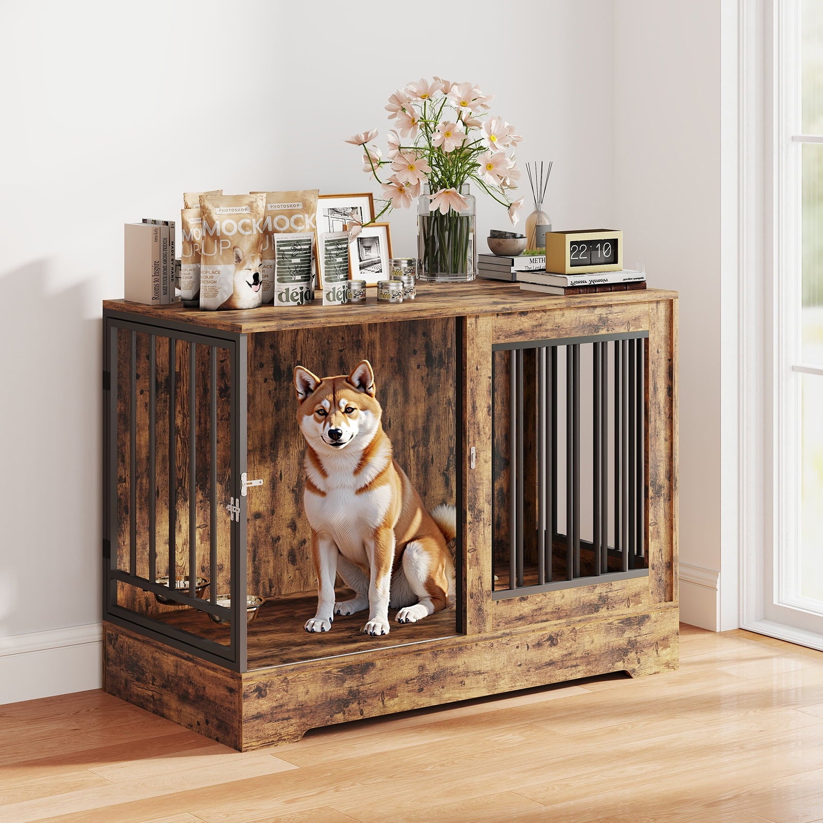 SUGIFT 47in Wooden Dog Crate Furniture with Double Doors, Rustic Brown Indoor Dog Kennel End Table for Large Dogs