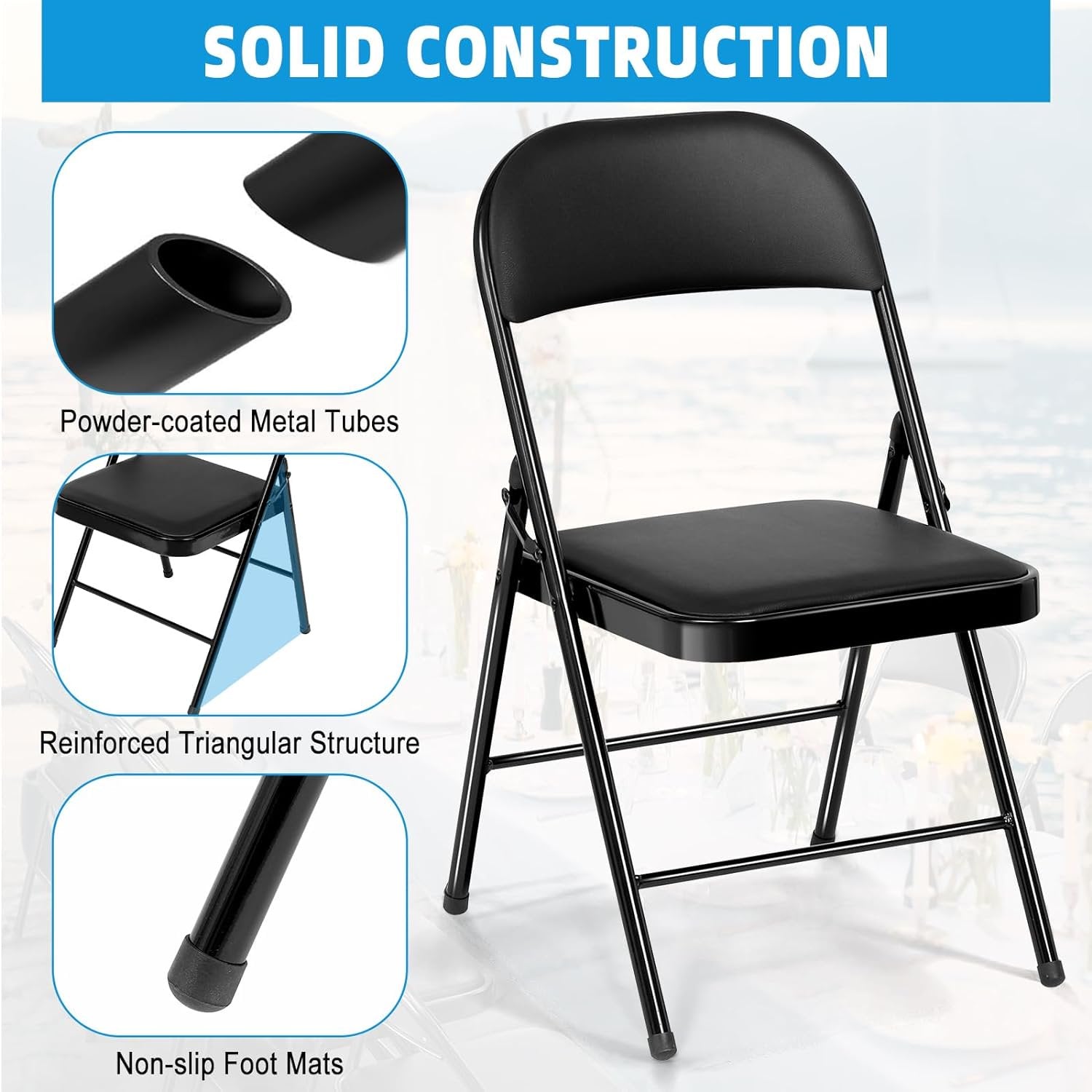 SUGIFT 4 Pack Folding Chairs with Padded Cushion and Back, Padded Folding Chairs for Home and Office, Indoor and Outdoor Events (Black, 4 Pack)