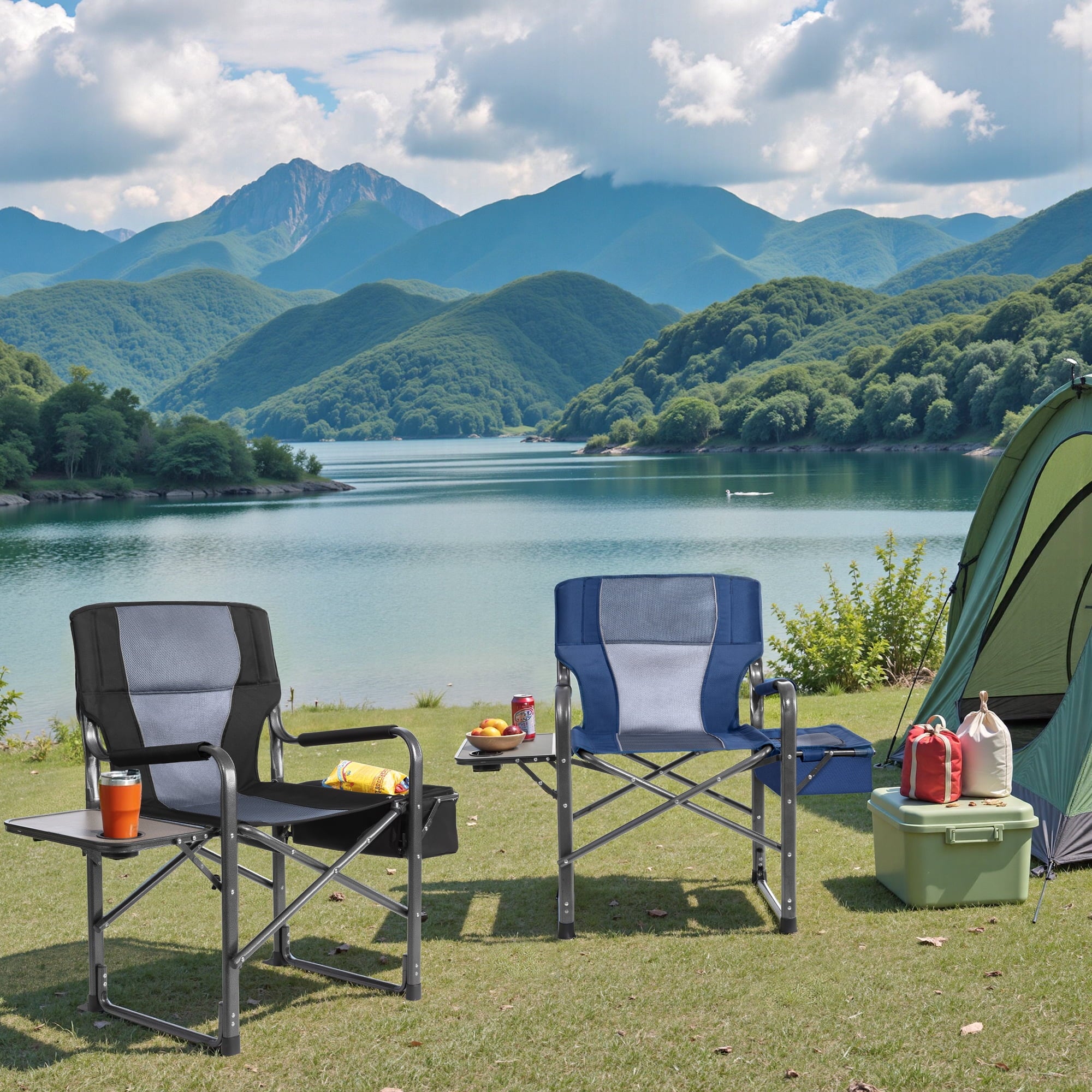 SUGIFT 300lbs Folding Camping Chairs with Cooler Bag Lawn Chairs with Side Table for Outdoor Lawn Sports Fishing Black
