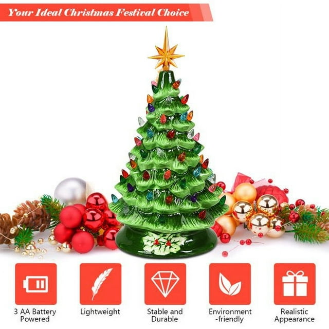 SUGIFT 15in Pre-lit Hand-Painted Ceramic Tabletop Christmas Tree Green