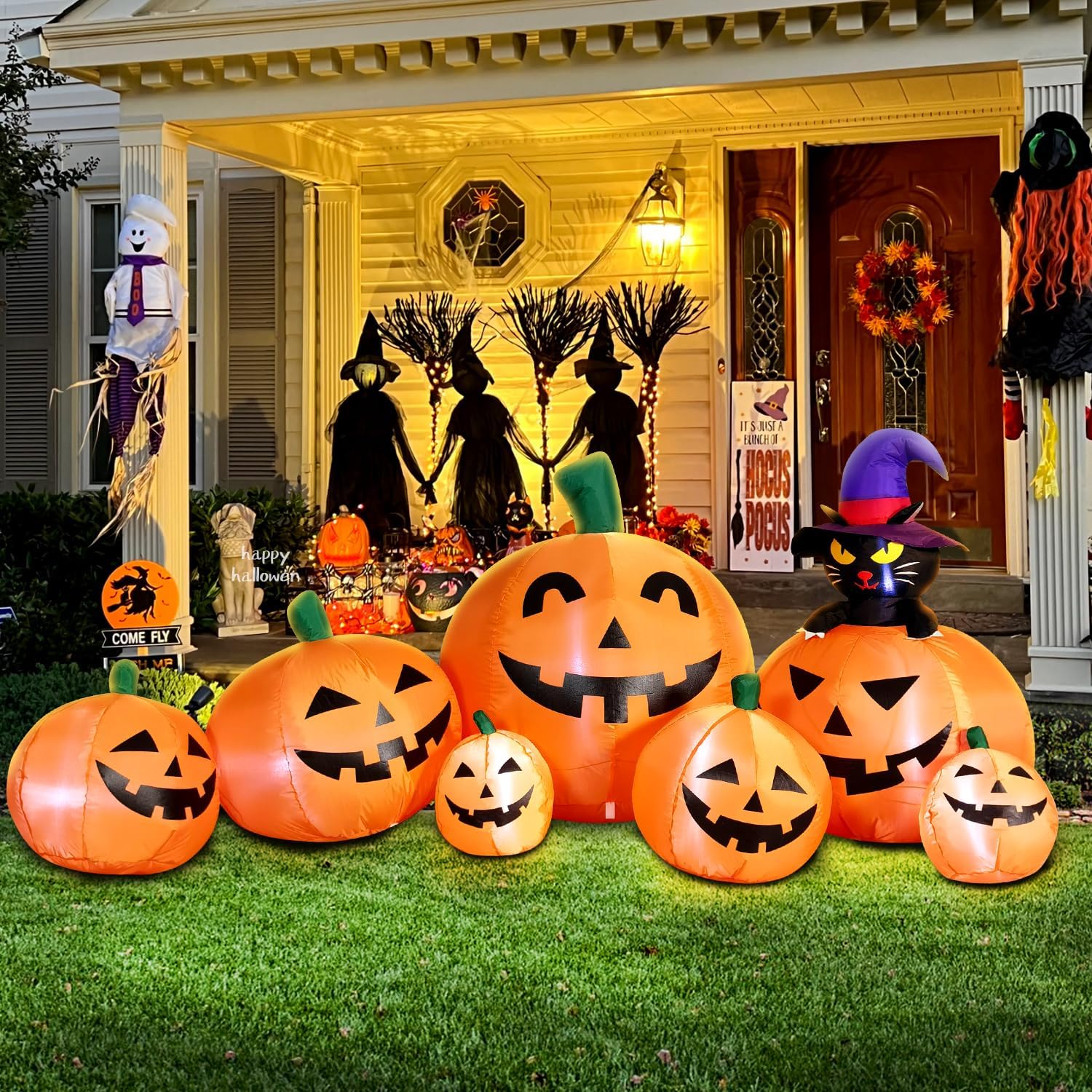 SUGIFT 8 FT Long Inflatable Pumpkin with Black Cat, Outdoor Halloween Decor with LED Lights