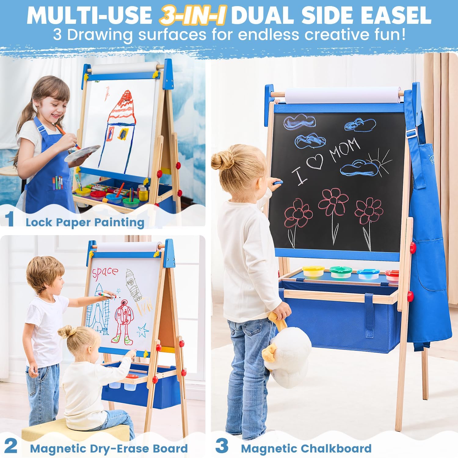 SUGIFT Art Easel for Toddlers Kids, Adjustable Standing Art Easel with Magnetic Chalkboard & Whiteboard