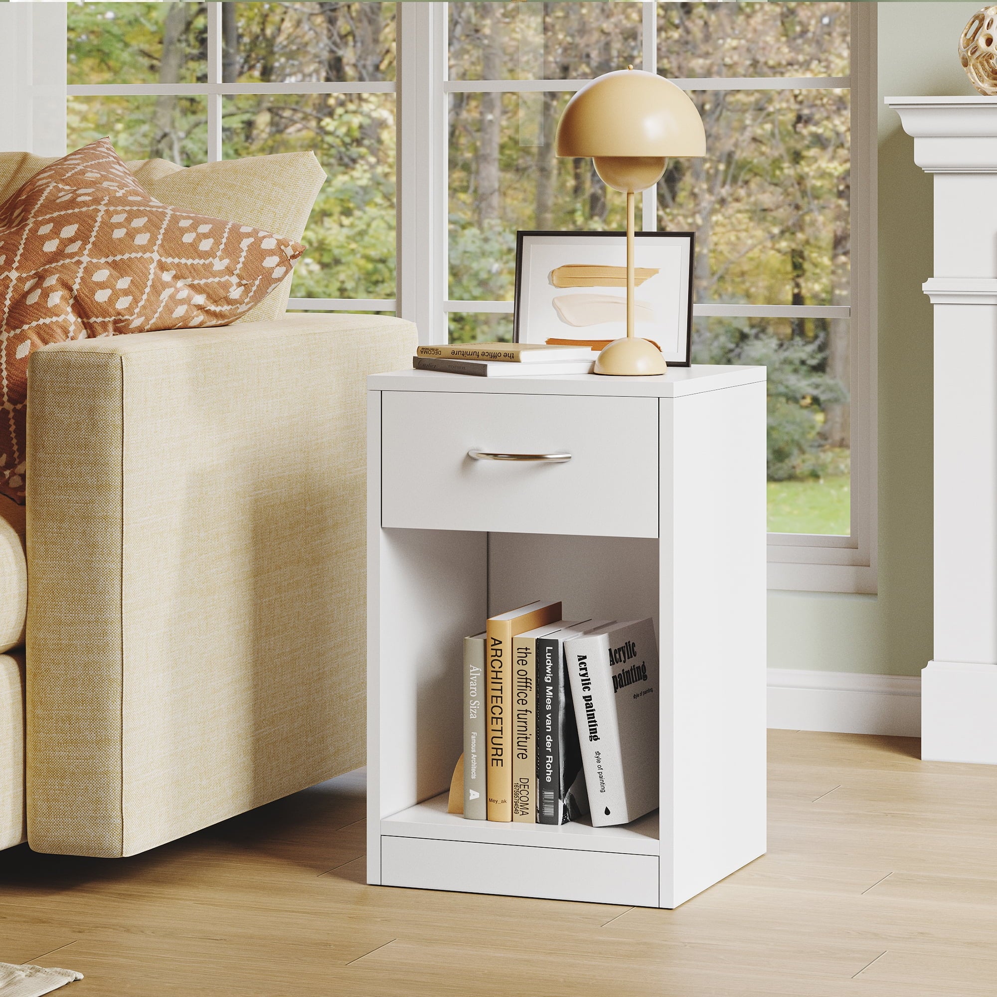 SUGIFT Nightstand with 1 Drawer, Compact Bedside Table for Bedroom, Sturdy White Finish