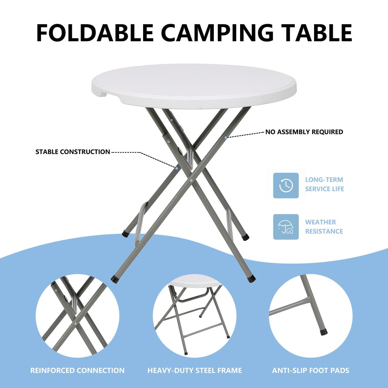 TBKLEY 32in  Round Folding Table Portable Indoor Outdoor Plastic Dining Table, White