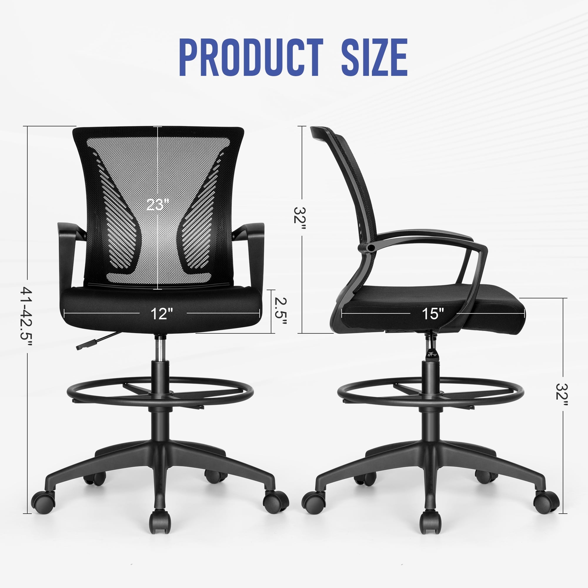 SUGIFT Drafting Chair Tall Office Chair with Lumbar Support and Adjustable Footrest Ring, Black