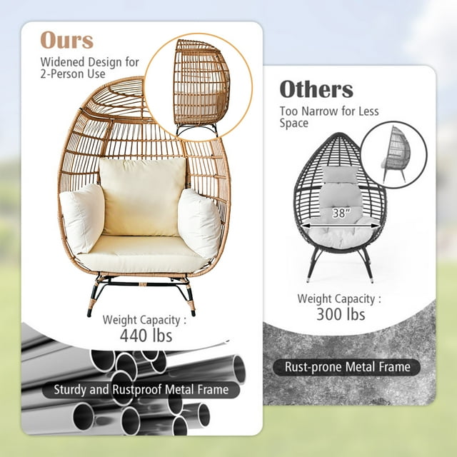 SUGIFT Wicker Egg Chair Oversized Indoor Outdoor Patio Lounger with Steel Frame, 440lb Capacity, Beige