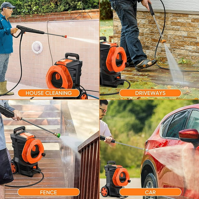 SUGIFT 3300PSI Electric Pressure Washer with 4 Nozzles Foam Cannon and Hose Reel Orange