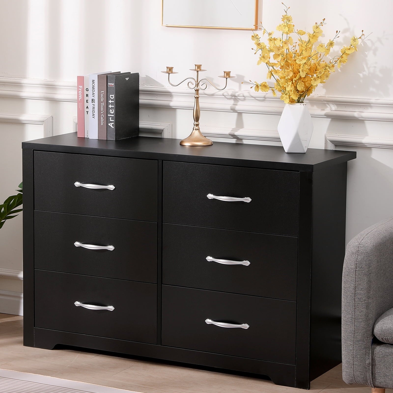 SUGIFT 6 Drawers Dresser for Bedroom, Wood Chest of Drawers, Black Fin