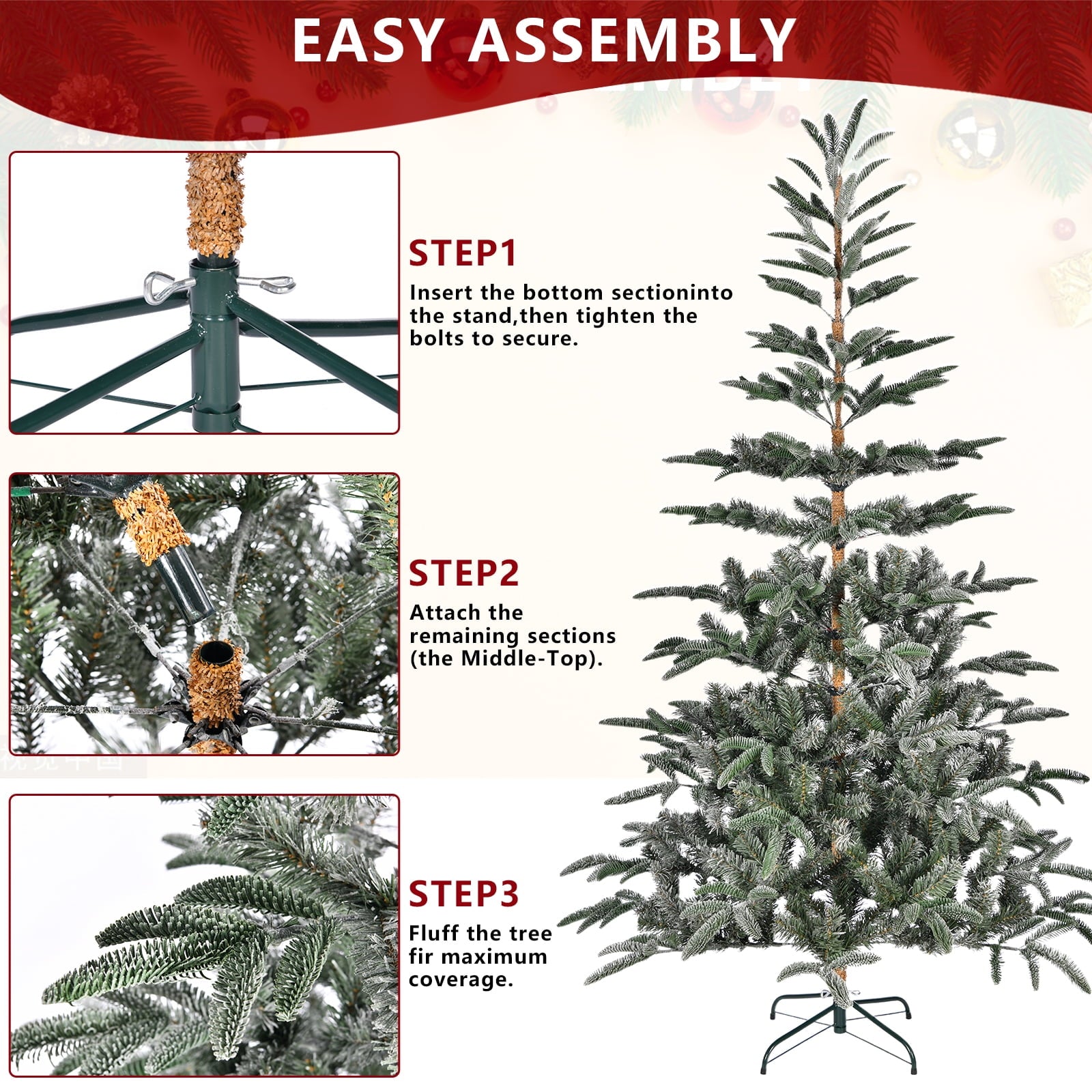7.5ft Artificial Christmas Tree Pine Hinged Xmas Tree with 700 Snowy Branches, Easy Assembly for Home, Office, Party Decoration