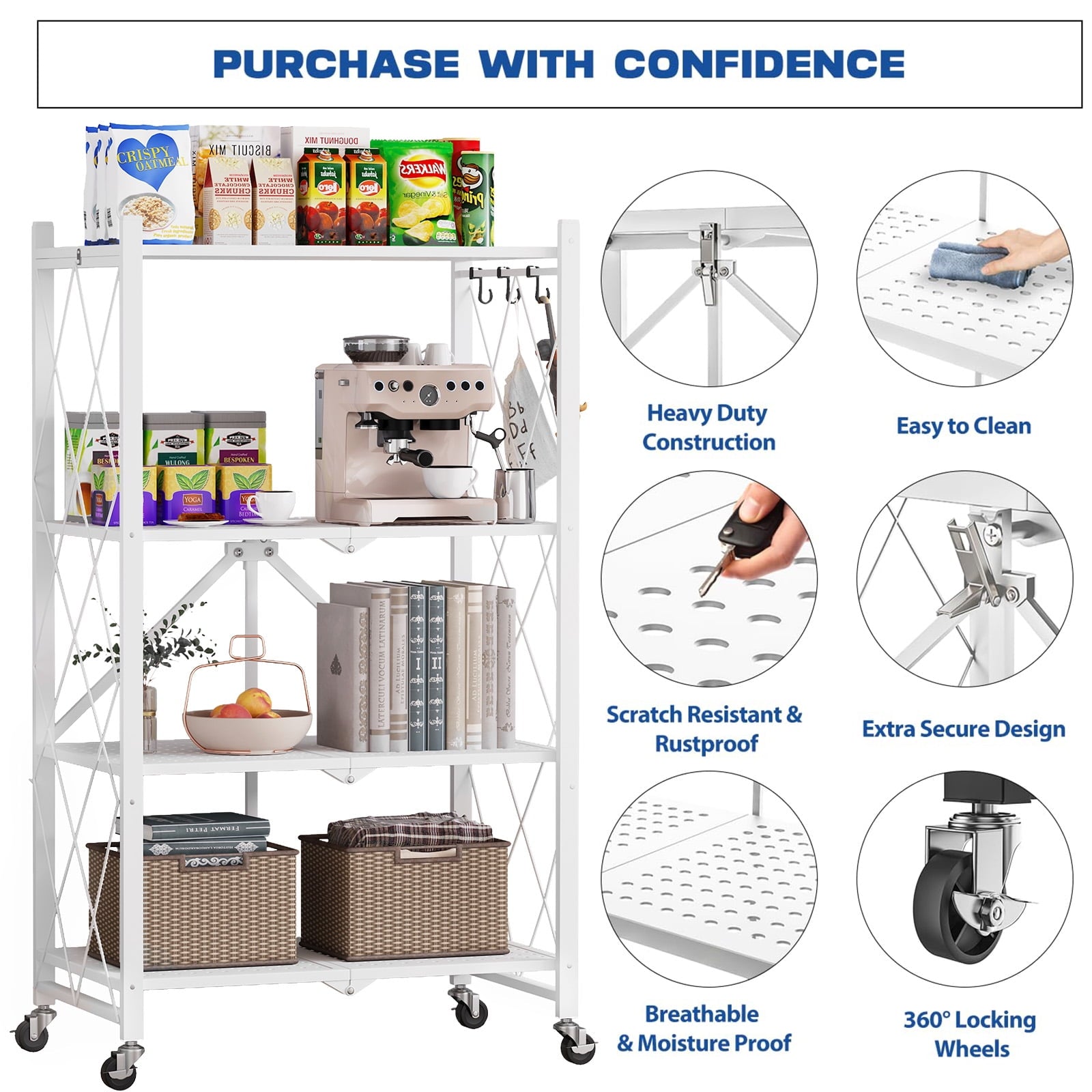 Vebreda 4-Tier Folding Storage Shelves Metal Folding Shelves with Wheels, 600Lbs Capacity, White