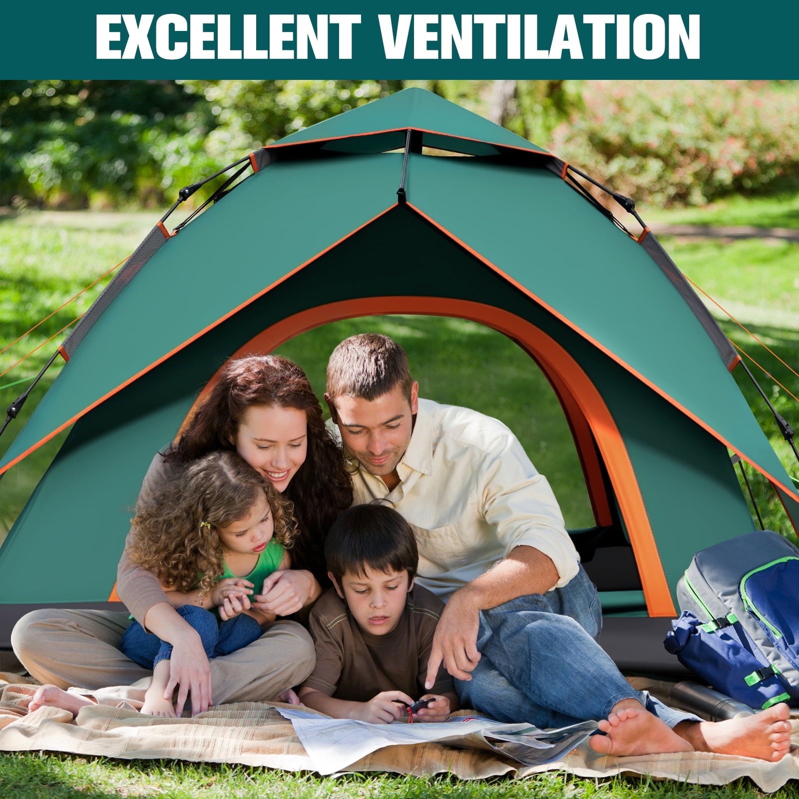 SUGIFT 3-4 Person Instant Pop-Up Camping Tent with Carry Bag Double Layer Waterproof Tents for Beach Traveling Outdoor Green