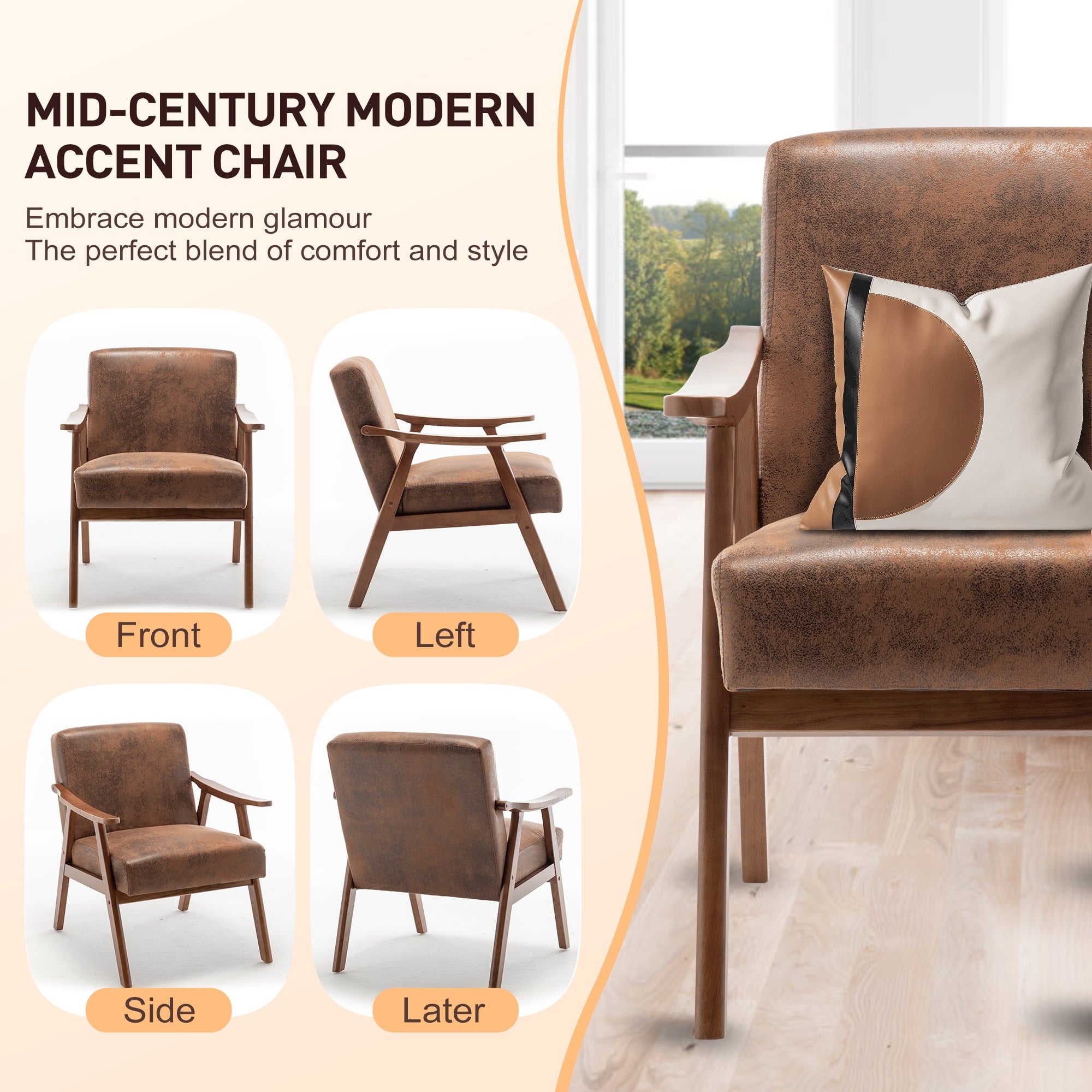 SUGIFT Mid-Century Modern Chair, Living Room Chair with Solid Wood Frame, Accent Chair Extra-Thick Backrest
