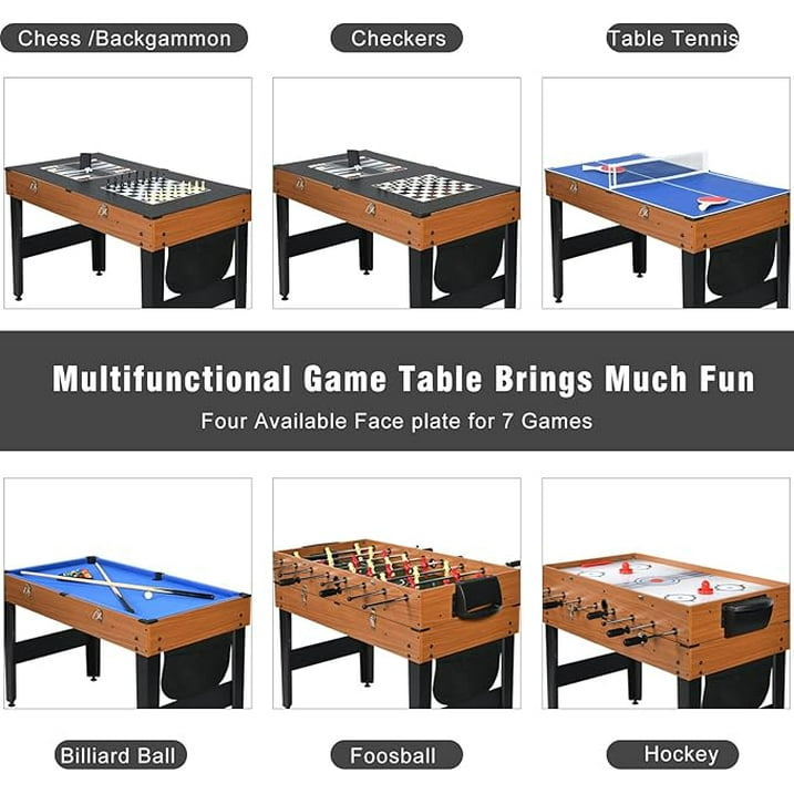 SUGIFT 4ft 7-in-1 Multi Game Table Set w/Hockey/Pool/Foosball/Ping Pong/ Shuffleboard Chess and Backgammon Combo Game Table for Adults Kids