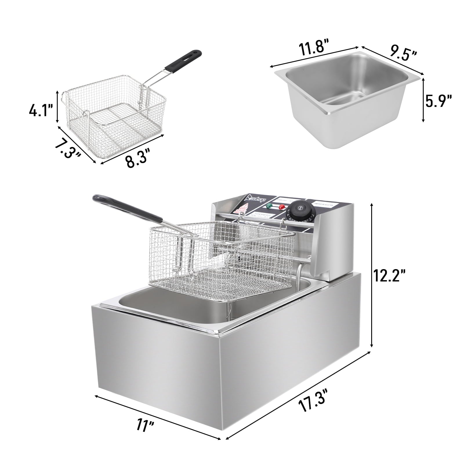 SUGIFT 2500W MAX 110V 6.3QT/6L Stainless Steel Single Cylinder Electric Fryer