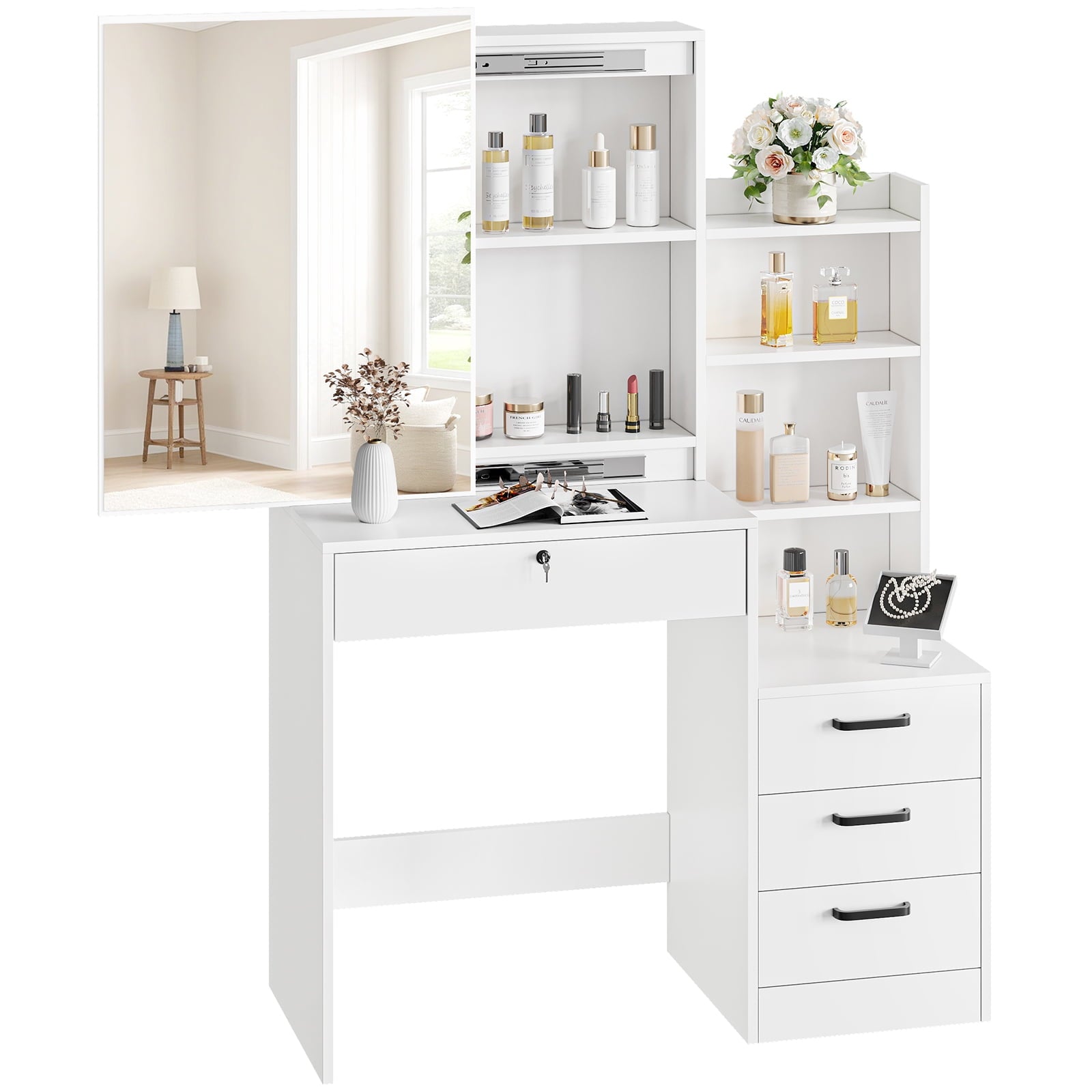 white modern dressing table with mirror SUGIFT White Lighted Makeup Vanity Table with Sliding Sliding Mirror,