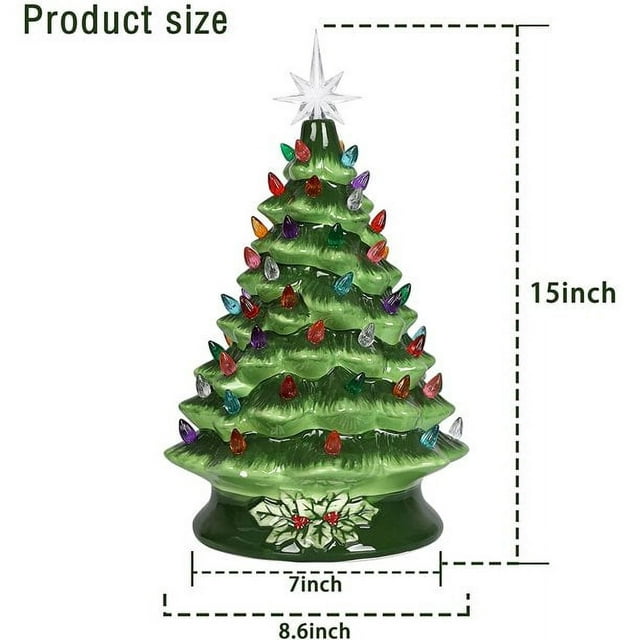 SUGIFT 15in Pre-Lit Hand-Painted Ceramic Tabletop Christmas Tree with 64 Lights - Green