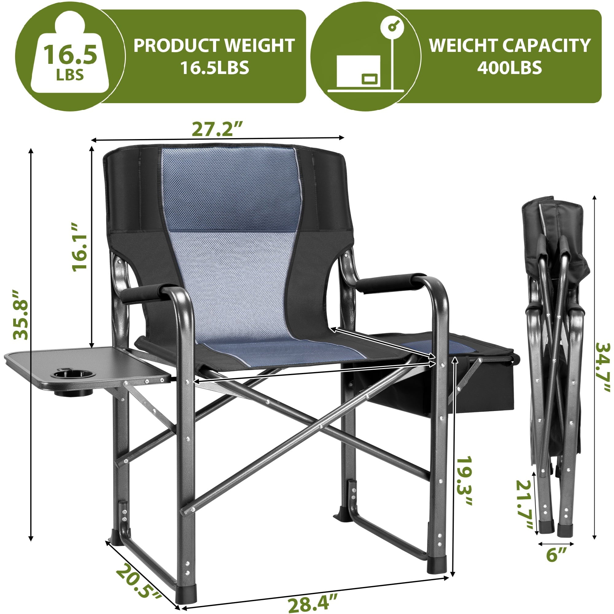 SUGIFT 300lbs Folding Camping Chairs with Cooler Bag Lawn Chairs with Side Table for Outdoor Lawn Sports Fishing Black
