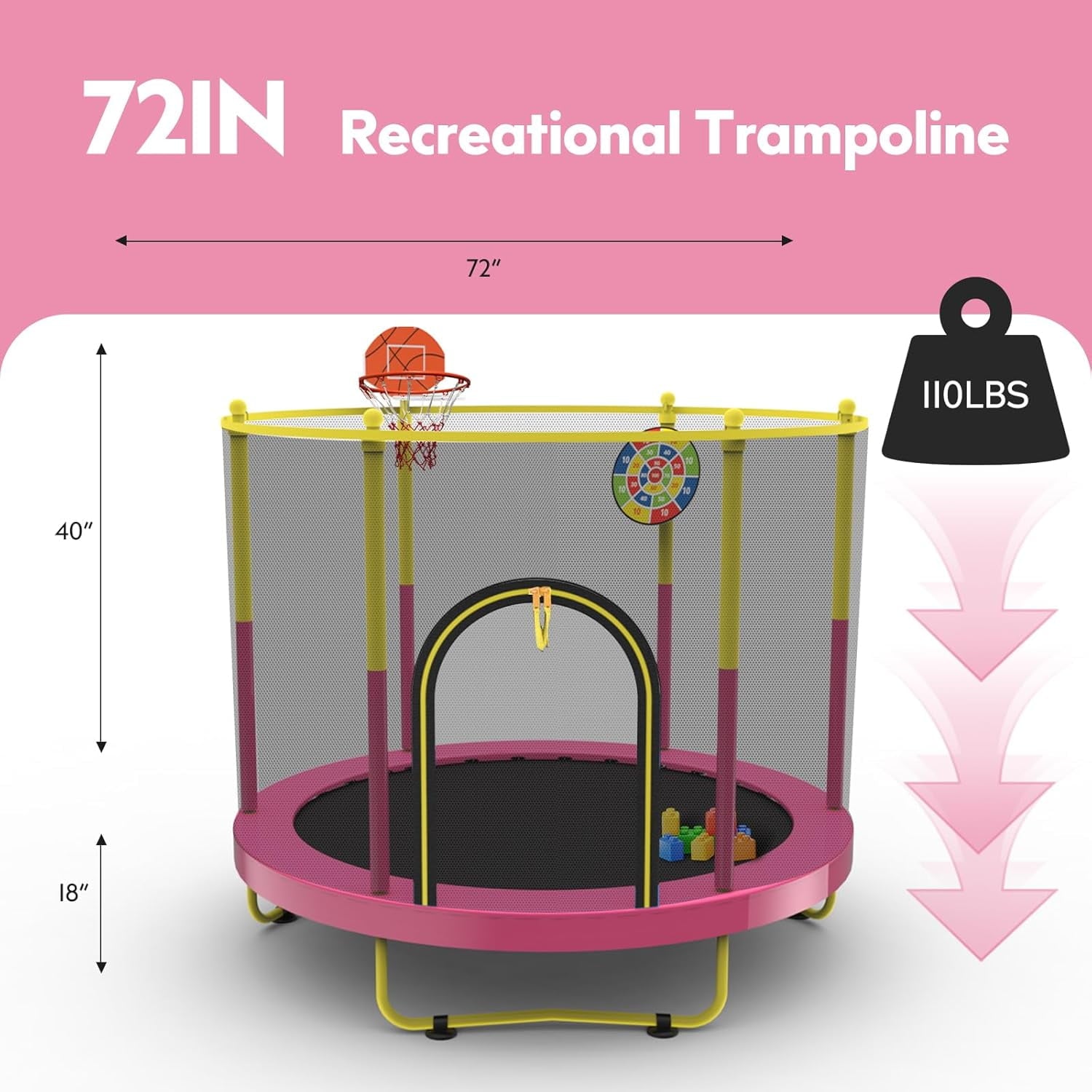 72in Trampoline for Kids with Net,6 FT Indoor & Outdoor Small Toddler Trampoline, Pink
