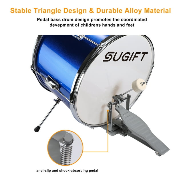 SUGIFT 3-Piece Junior Drum Set with Throne, Pedal, Drumsticks, Blue