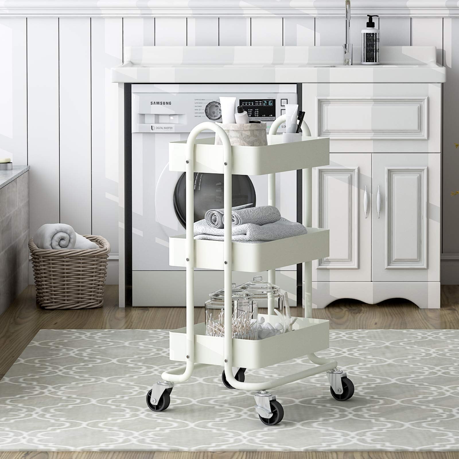 SUGIFT 3 Tier Metal Utiltiy Cart Arctic White, Easy Rolling, Powder Coating, Metal Structure