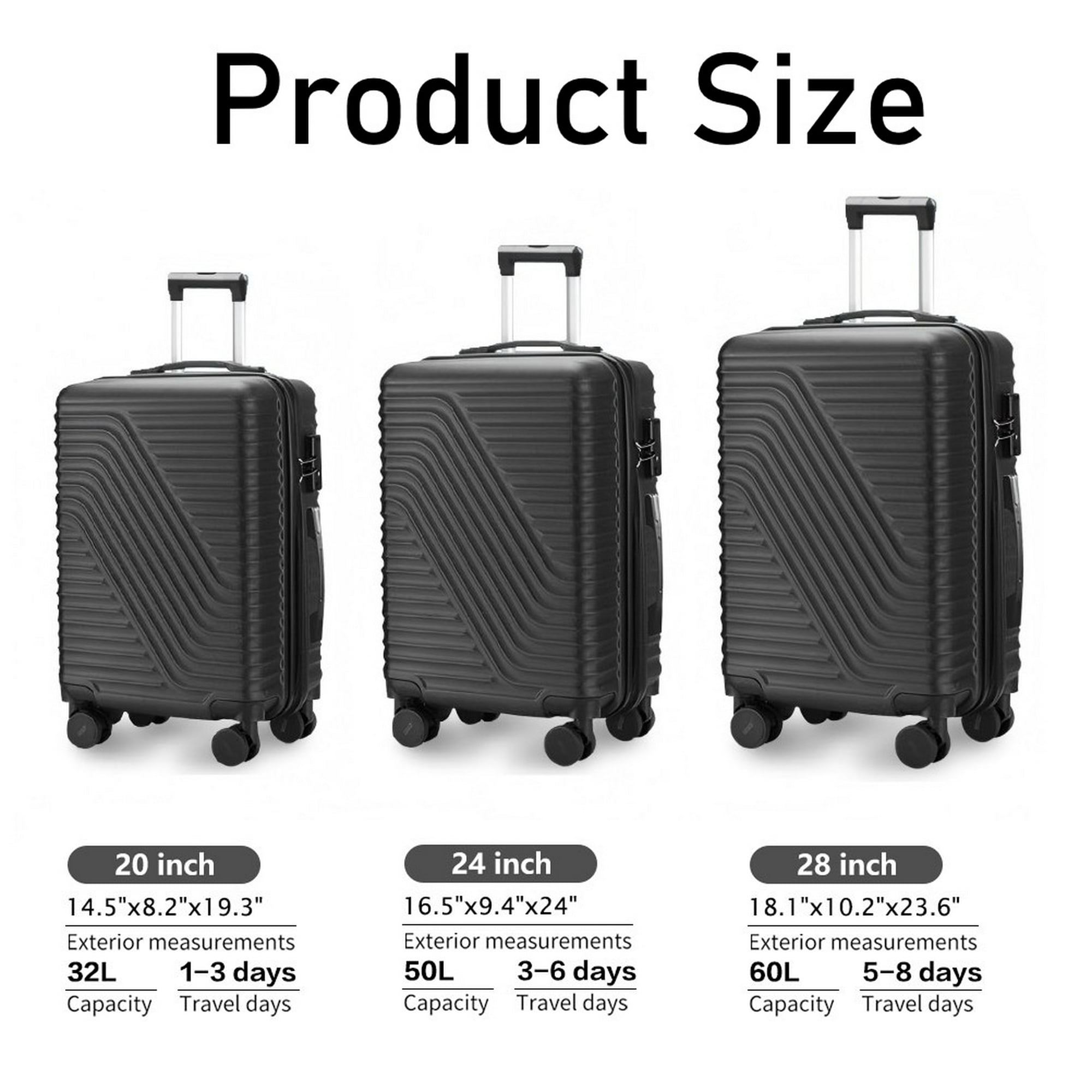 SUGIFT 3 Piece Luggage Sets 20/24/28 inch Suitcase Sets with Spinner Wheels Hardside Luggage Set Dark Black