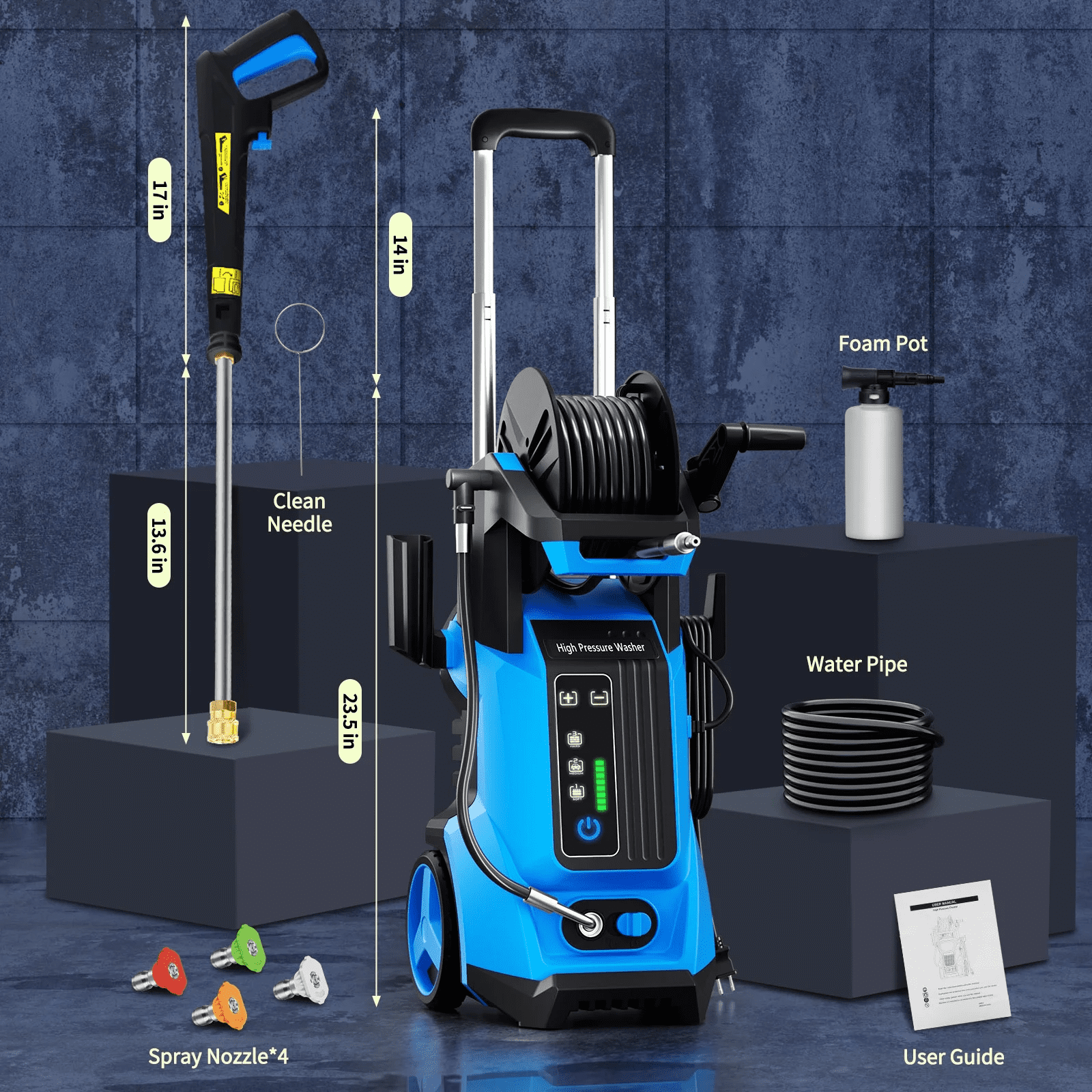 SUGIFT Electric Pressure Washer 4500PSI-Max 3.2GPM with Touch Screen Adjustable Pressure and 5 Nozzles Power Washer Cleaning for Patio, Blue