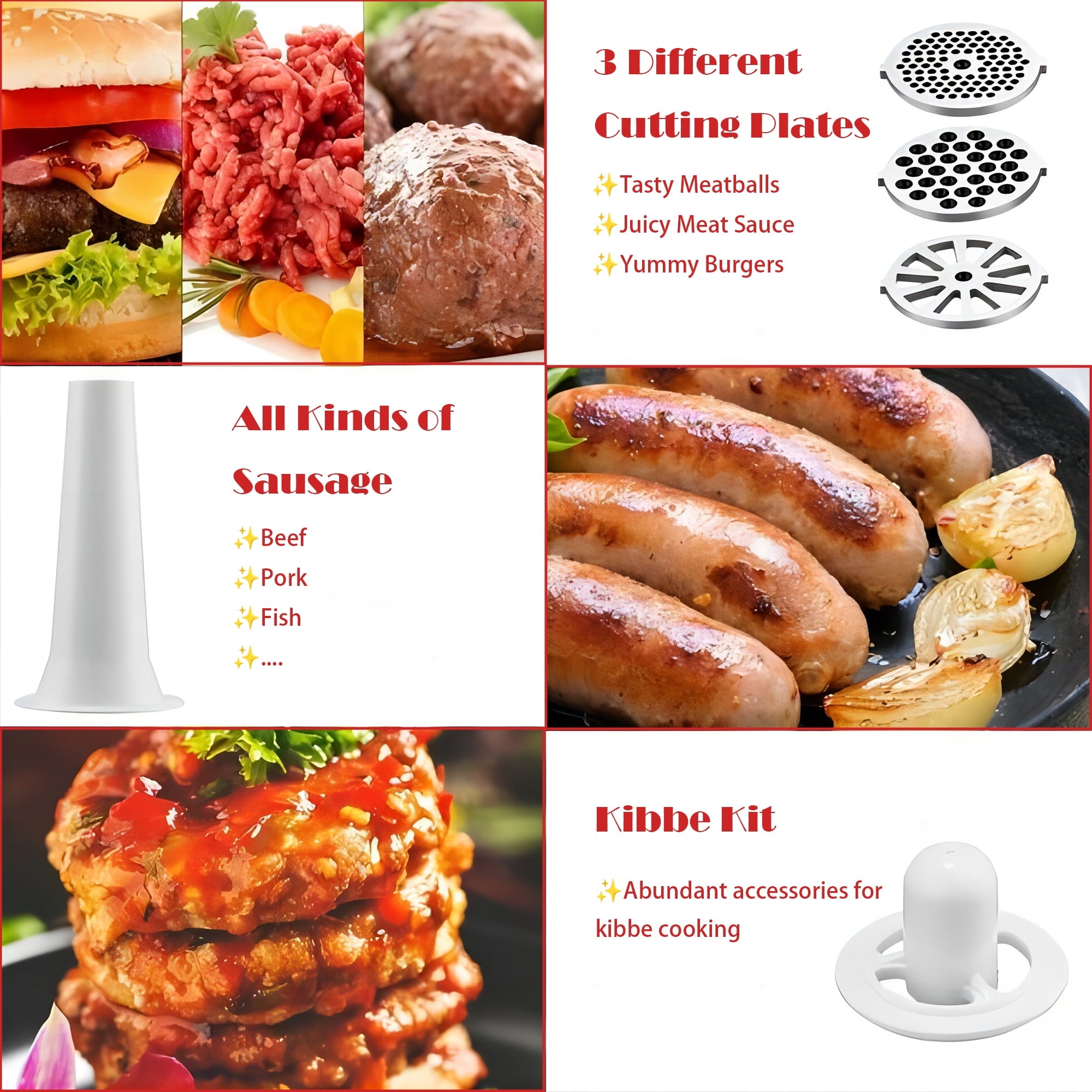 SUGIFT 1200W Electric Meat Grinder with Sausage Kit and 3 Grinder Plates, Sausage Stuffer Maker