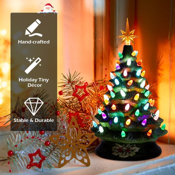 SUGIFT 15in Pre-Lit Hand-Painted Ceramic Tabletop Christmas Tree with 64 Lights - Green