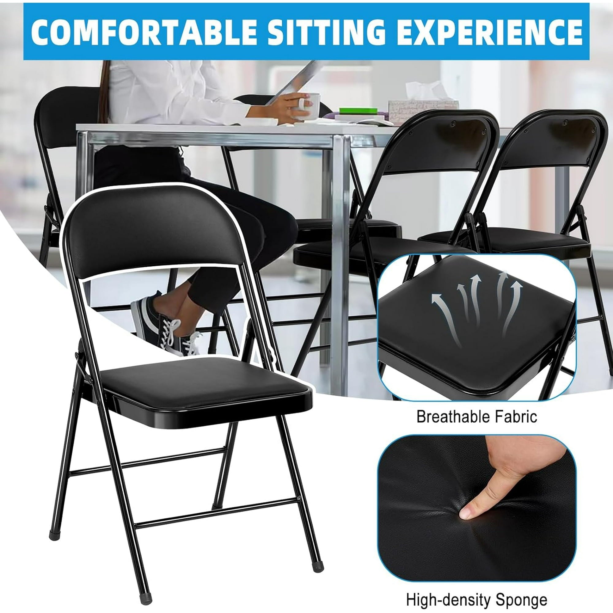 SUGIFT 4 Pack Folding Chairs with Padded Cushion and Back, Padded Folding Chairs for Home and Office, Indoor and Outdoor Events (Black, 4 Pack)