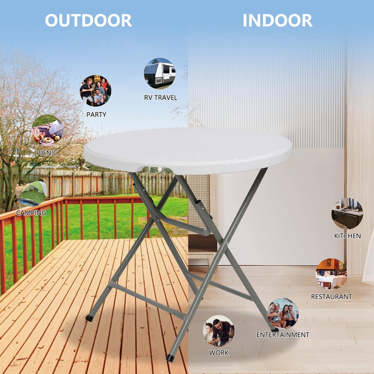 TBKLEY 32in  Round Folding Table Portable Indoor Outdoor Plastic Dining Table, White
