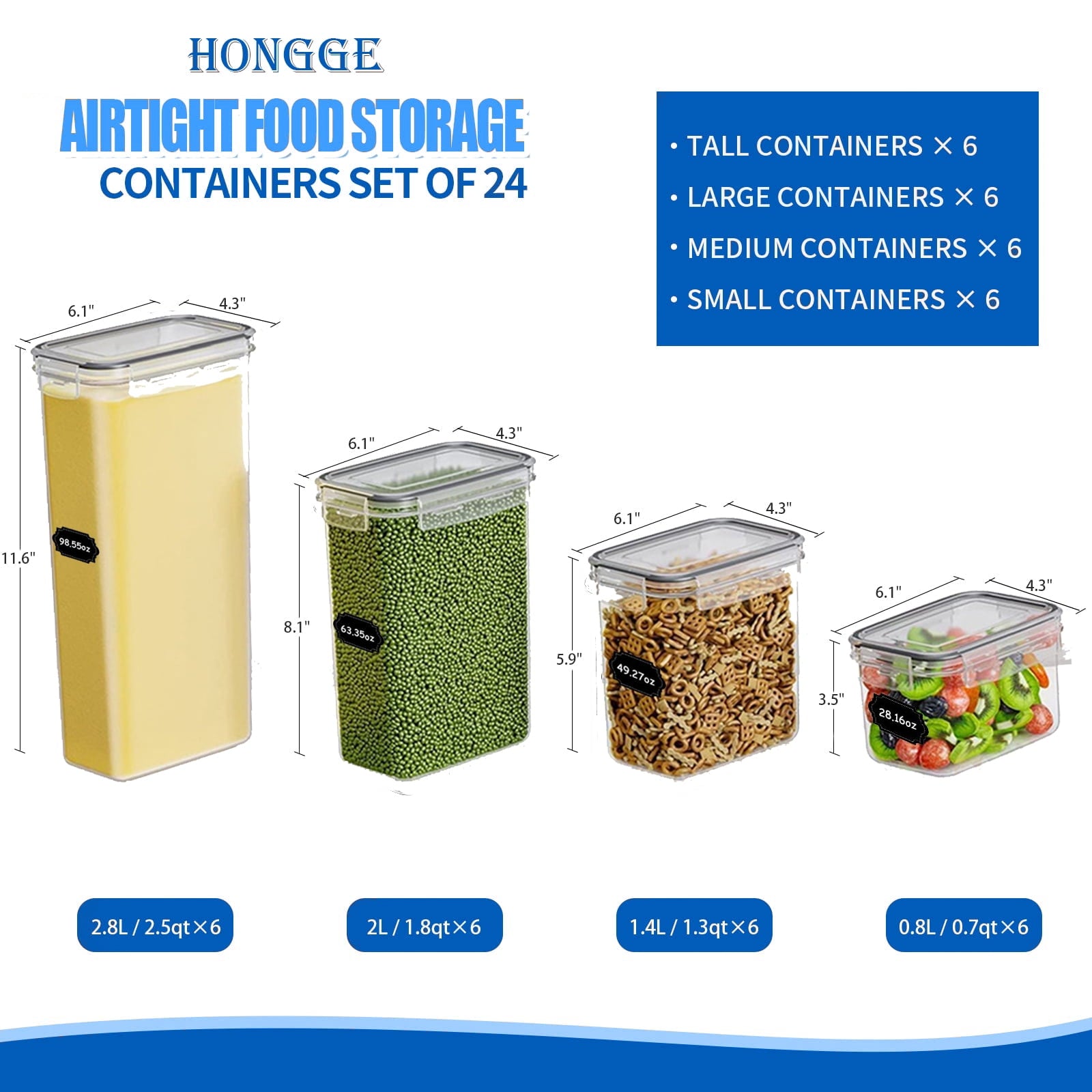 SUGIFT Food Storage Container Set, 24pcs Plastic Kitchen Pantry Organization Canisters, Black