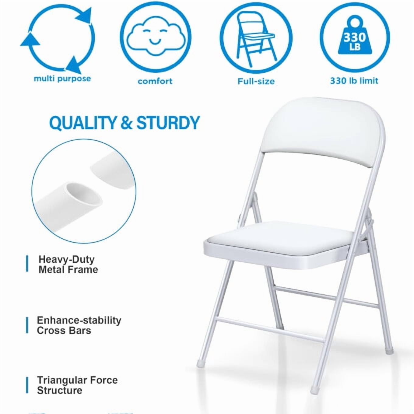 SUGIFT Deluxe Padded Seat and Metal Back Folding Chairs, White, 6 Pack
