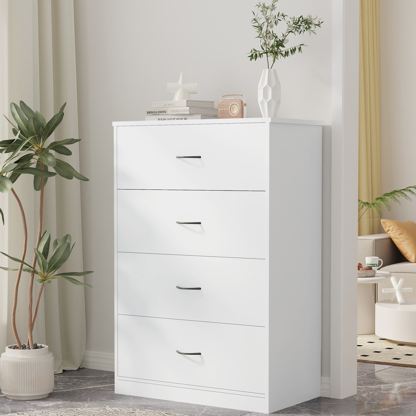 SUGIFT 4 Drawer Dresser, Modern Storage Cabinet for Bedroom, White Chest of Drawers Wood Organizer for Living Room, White