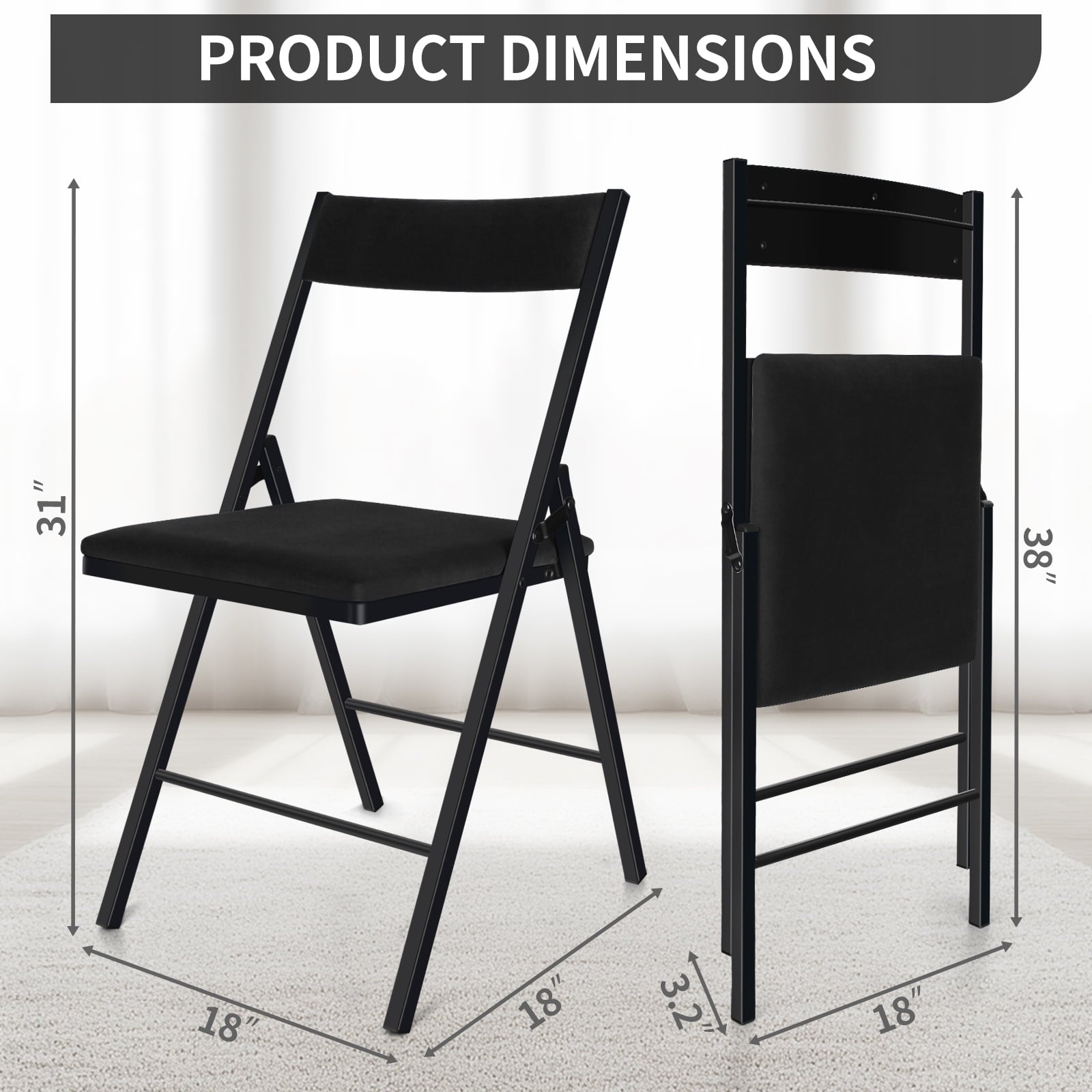 SUGIFT 4 Packs Folding Chairs with Padded Seats,Metal Frame with Velvet Fabric Seat for Indoor Outdoor (Black)