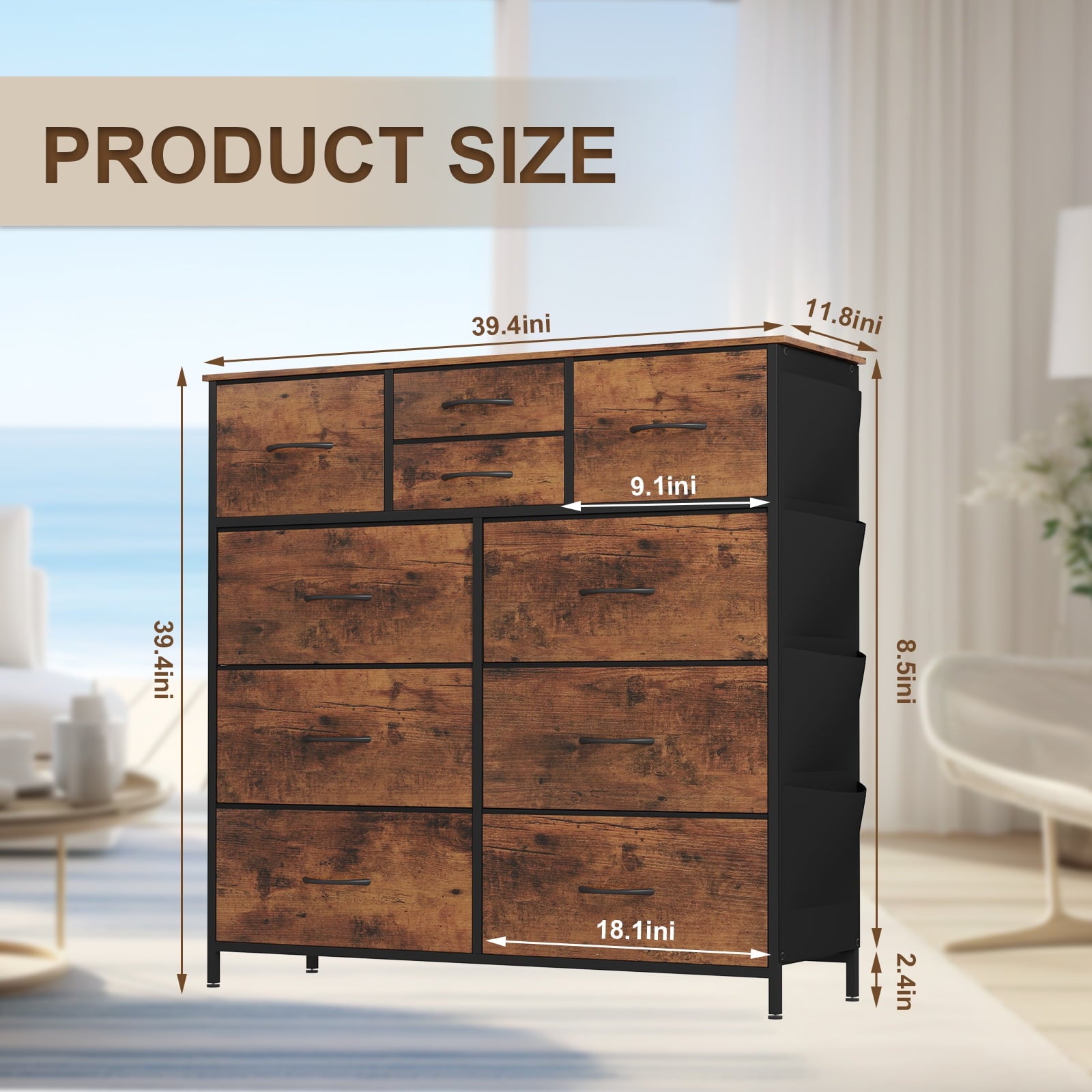 SUGIFT 10 Drawers Dresser for Bedroom, Fabric Storage Organizer Unit for Living Room, Hallway (Rustic Brown)