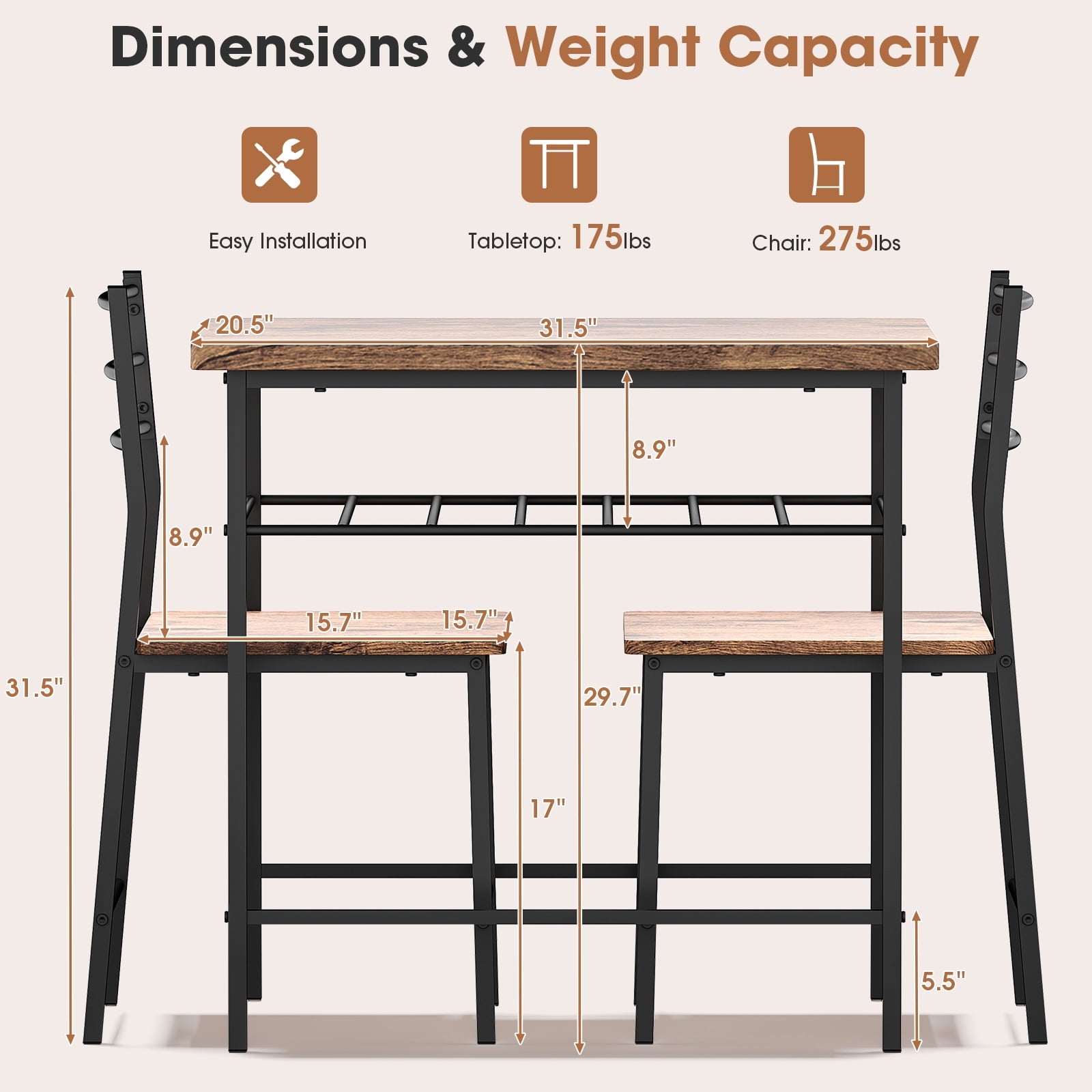 SUGIFT 3-Piece Modern Dining Table Set for 2, Square Table & Chairs Set w/ Steel Frame, Storage Rack, Brown